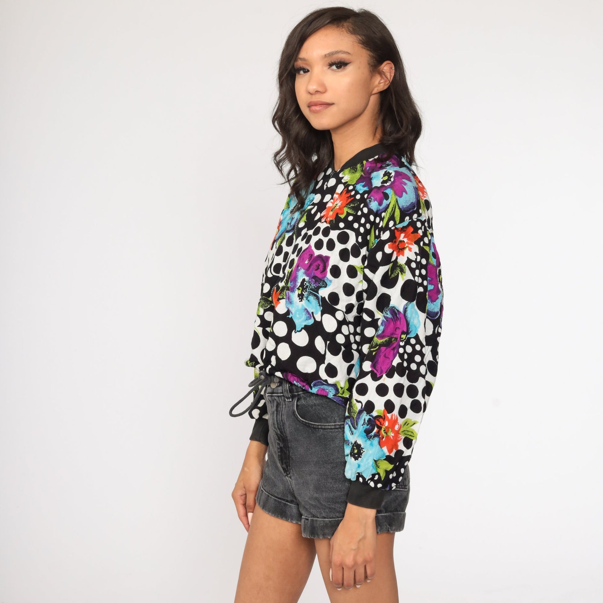 90s Floral Polka Dot Cropped Bomber Jacket Black White Windbreaker Small
