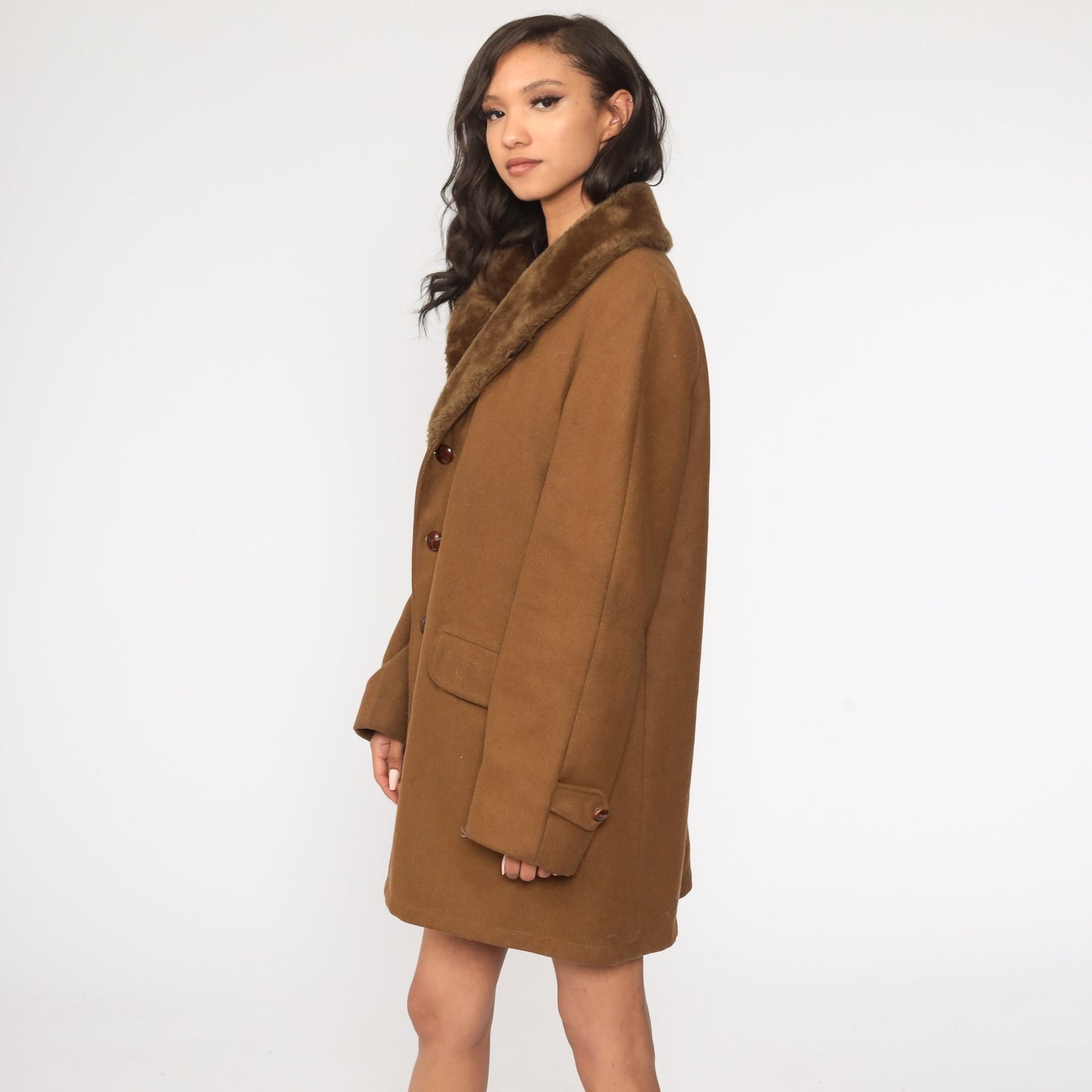 80s Brown Wool Jacket Faux Fur Collar Winter Coat Extra Large XXL
