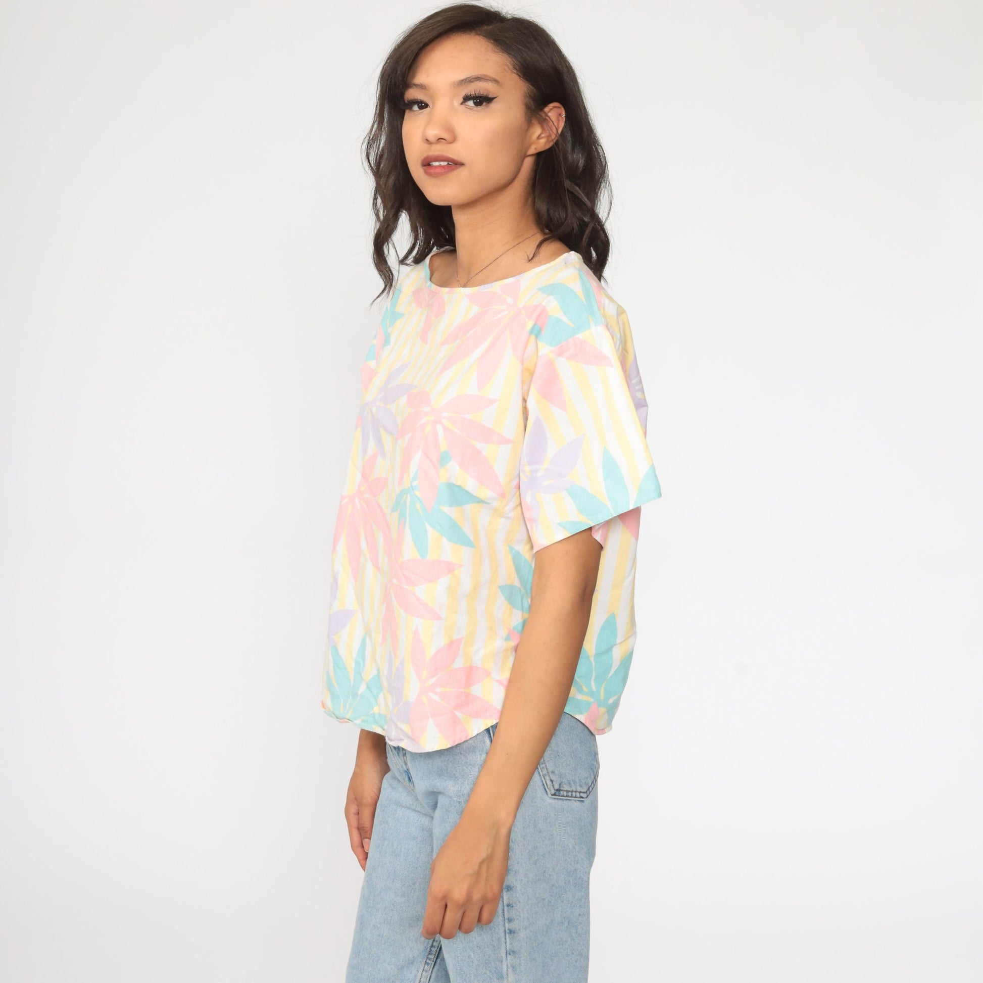 80s Wrangler Floral Print Shirt Pink Yellow Striped Short Sleeve Blouse Large L