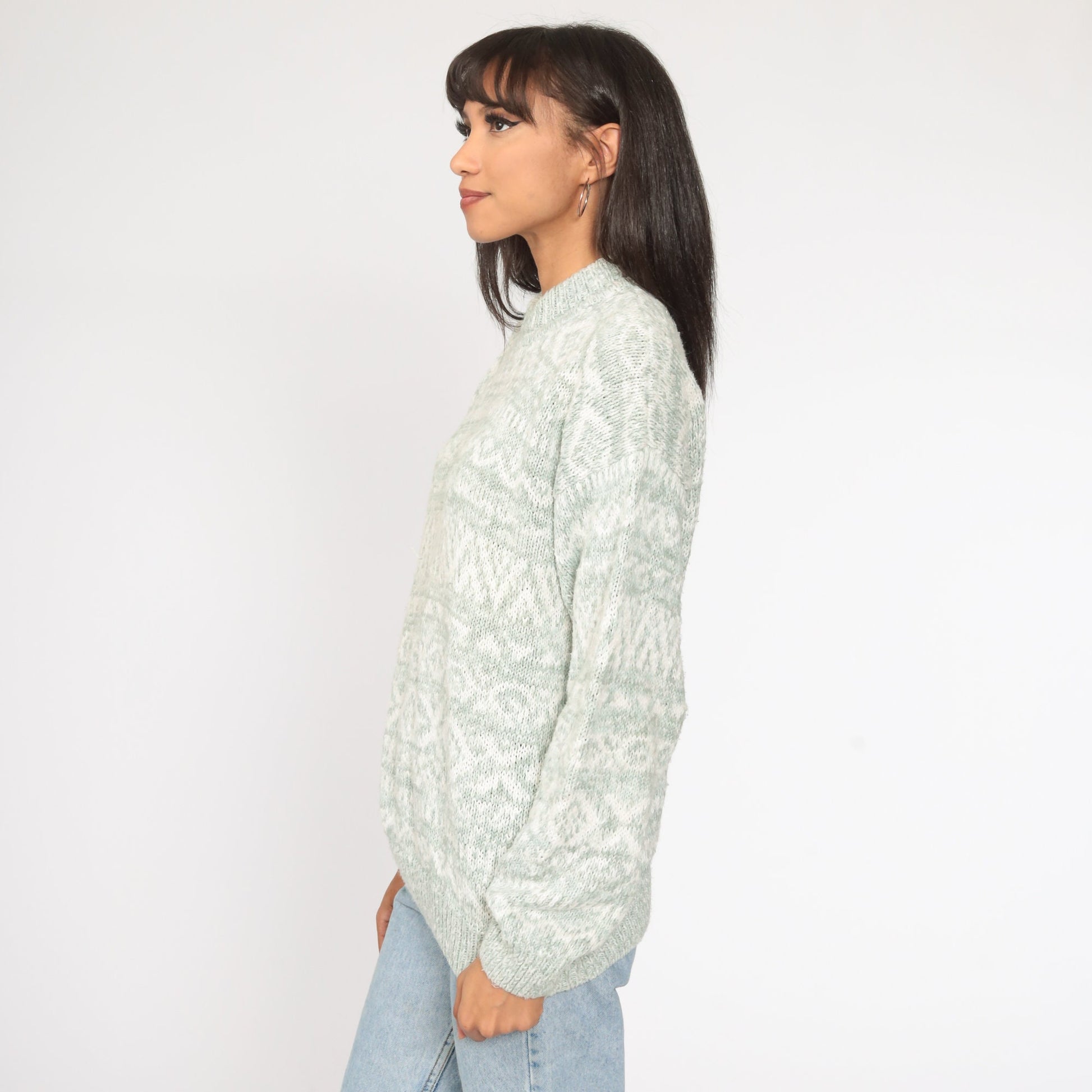90s Geometric Print Sweater Green Cotton Ramie Knit Pullover Large L