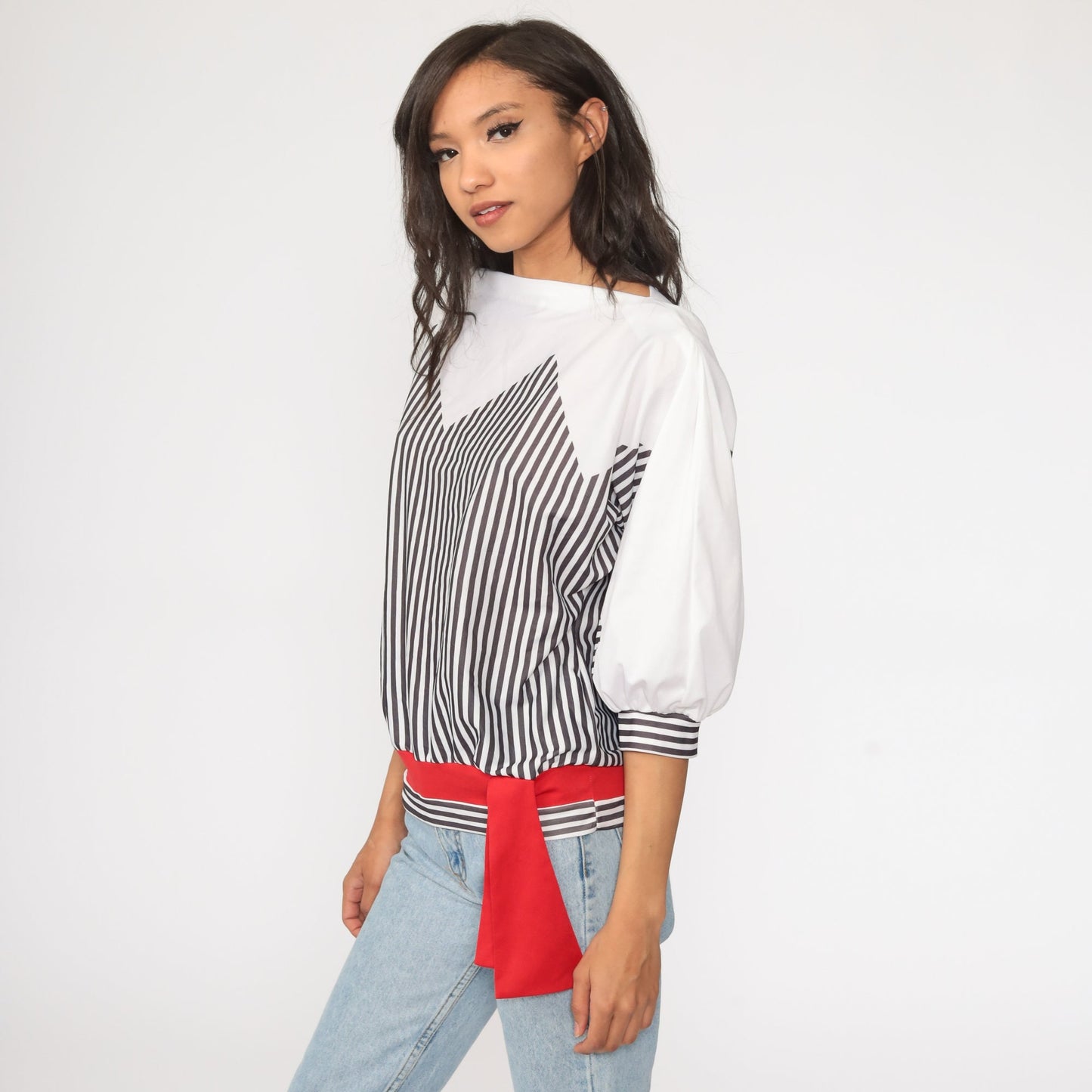 80s Black & White Striped Long Sleeve Top Medium