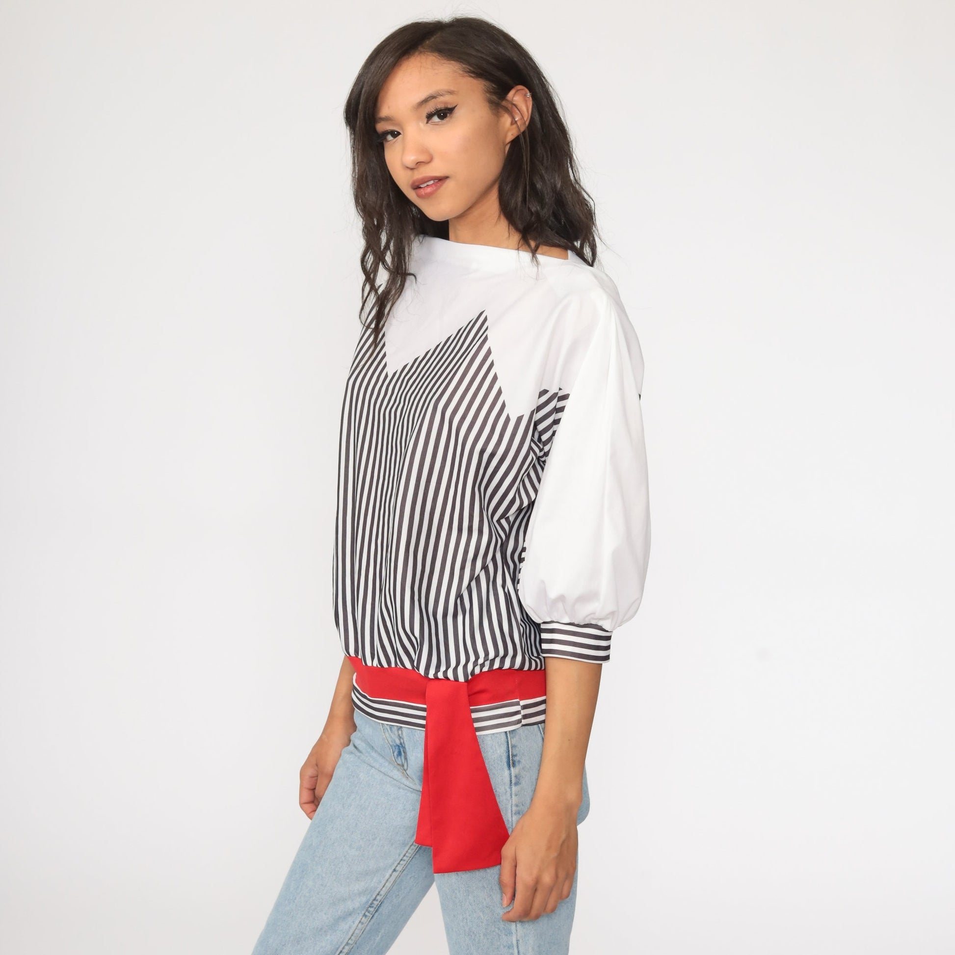 80s Black & White Striped Long Sleeve Top Medium
