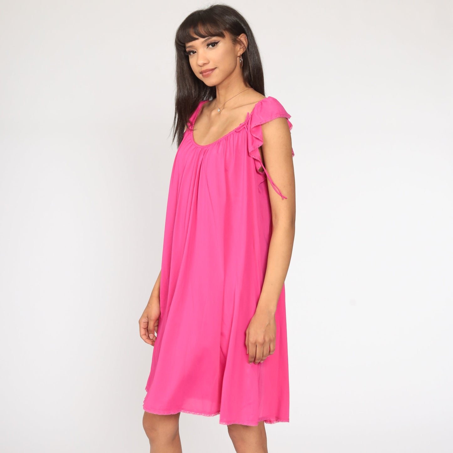 80s Bright Pink Nightgown Flutter Sleeve Tent Cut Nylon Nightie Medium Large