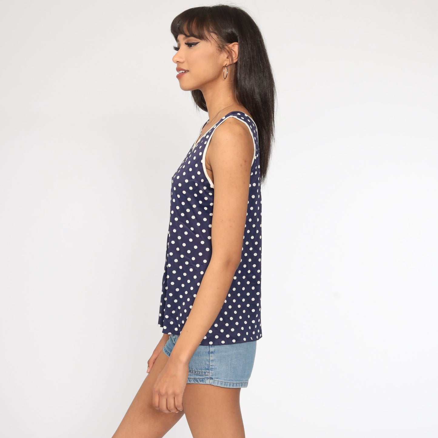 70s Dark Blue Polka Dot Tank Top Sleeveless Shirt Medium
