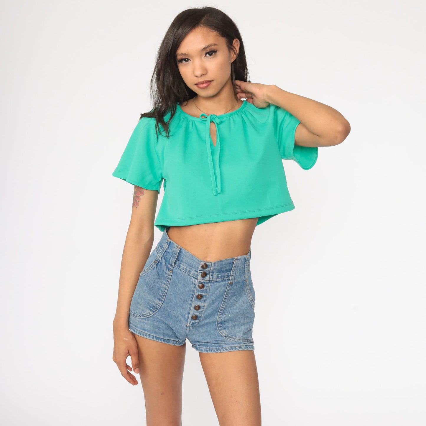 70s Green Crop Top Keyhole Neck Flutter Sleeve Blouse Small