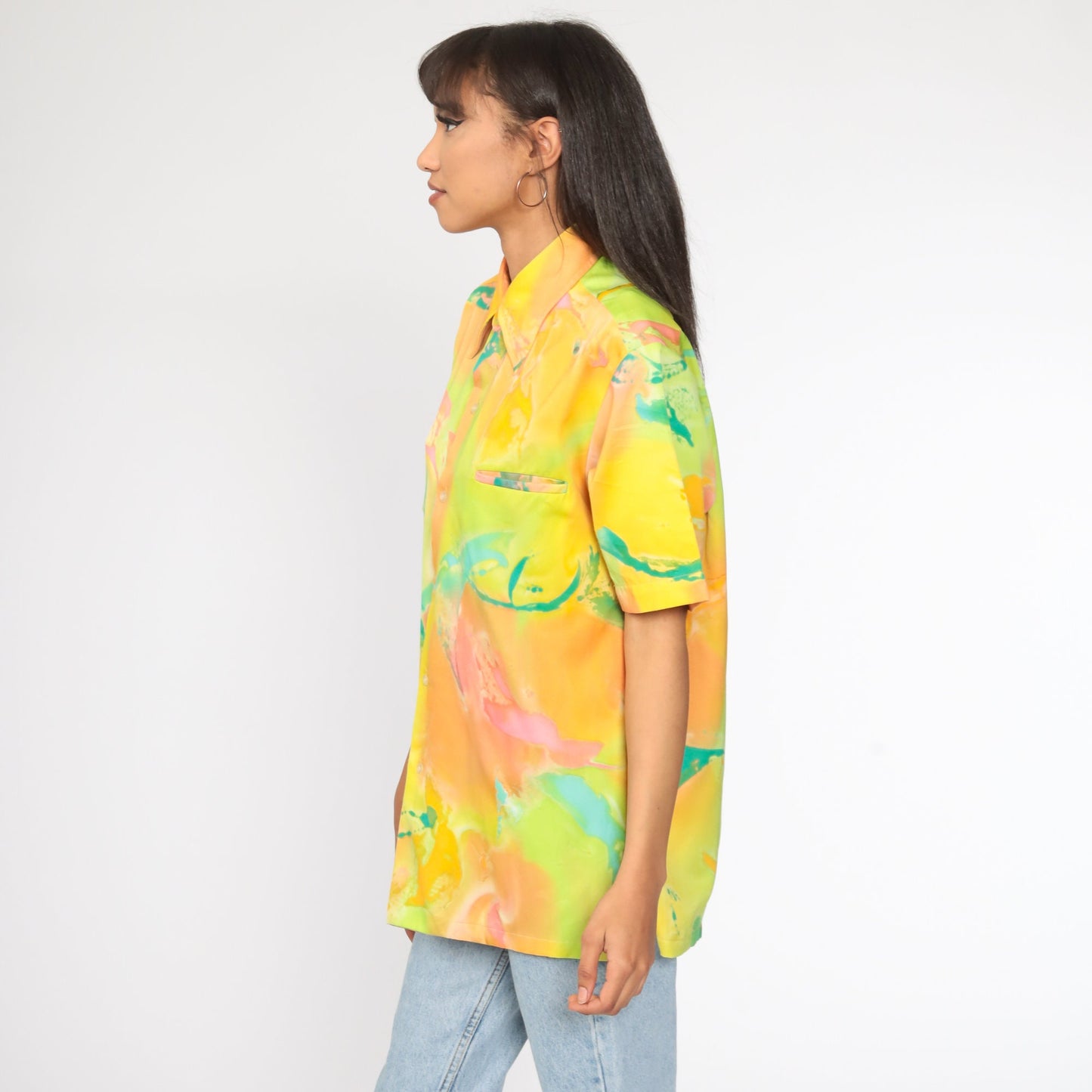 70s Psychedelic Print Button-Up Shirt Neon Yellow Short Sleeve Extra Large