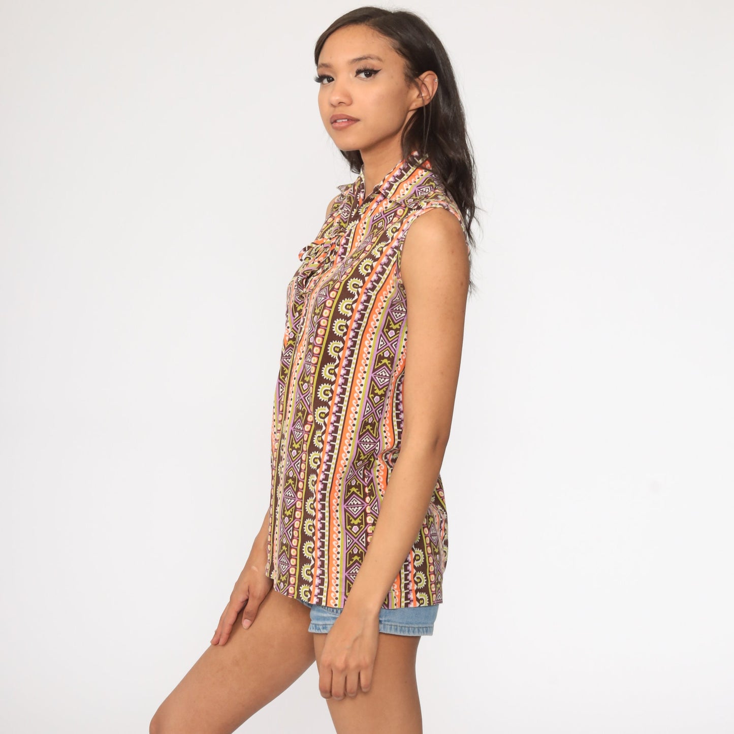 70s Tribal Print Sleeveless Blouse Lace-Up Corset Neckline Orange Purple Small