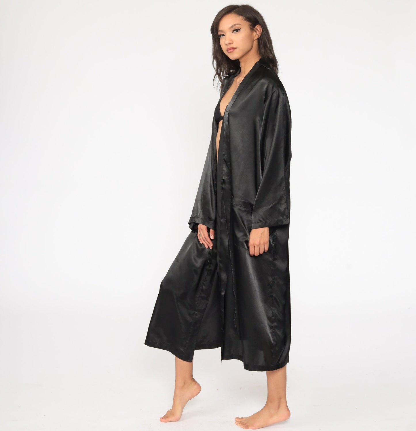 80s Black Satin California Embroidered Kimono Robe Maxi Wrap One Size