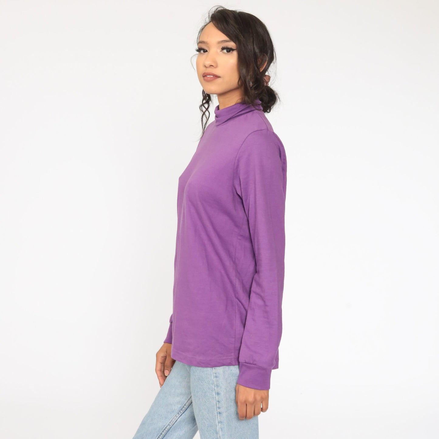 80s Purple Turtleneck Long Sleeve Shirt Cotton Blend Large
