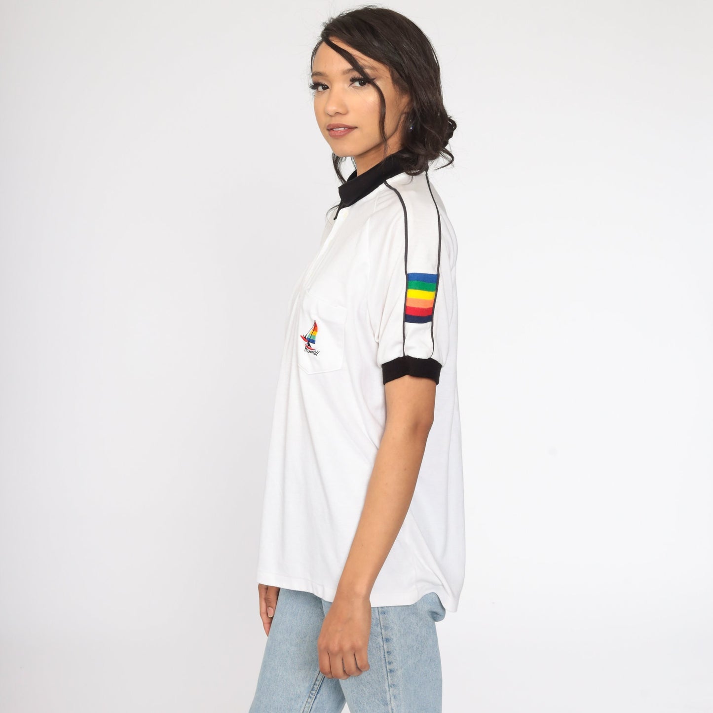 80s Hawaii Rainbow Sailboat Polo Shirt Striped Collared Half-Button Extra Large