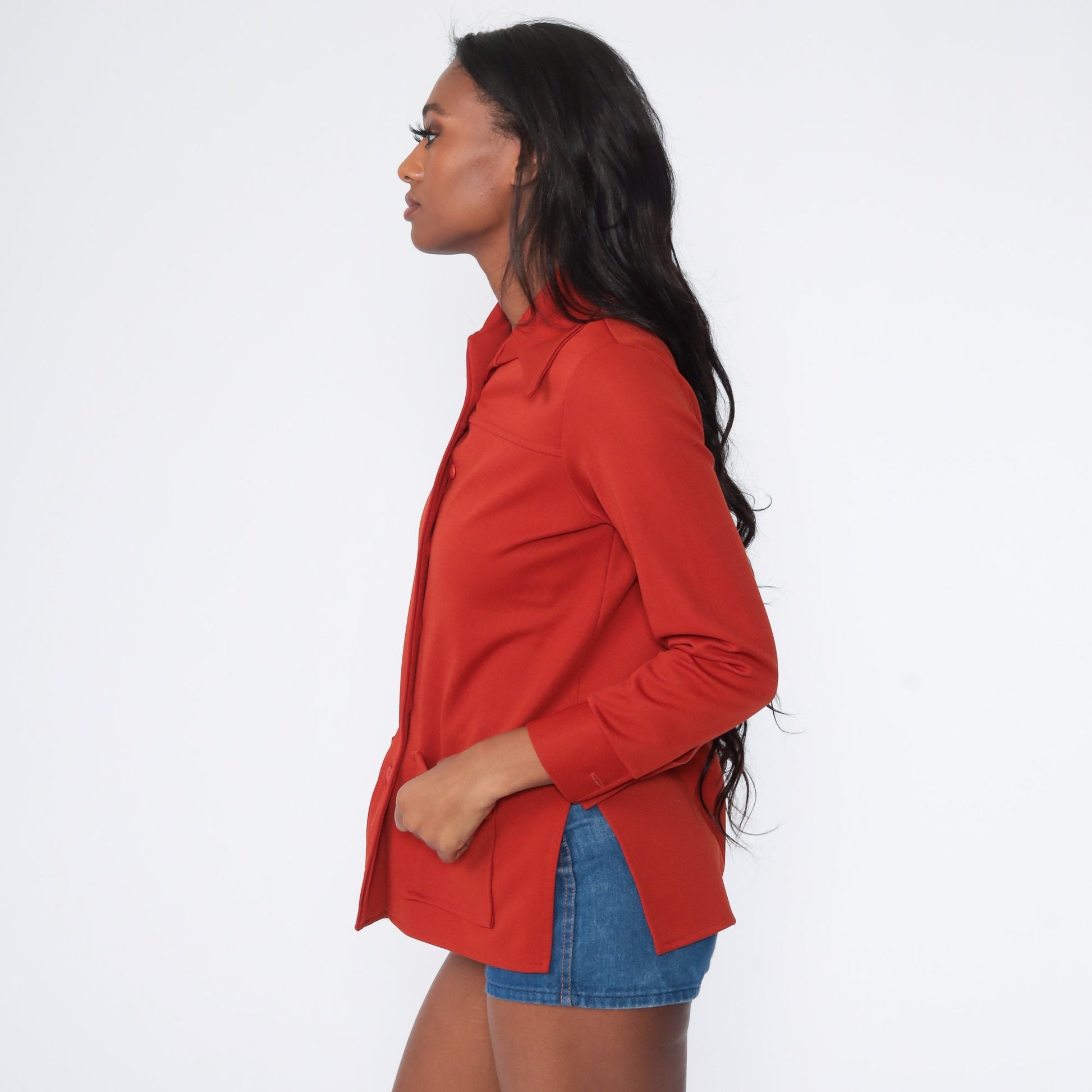 70s Rust Button-Up Shirt Long Sleeve Dagger Collar Blouse Small S