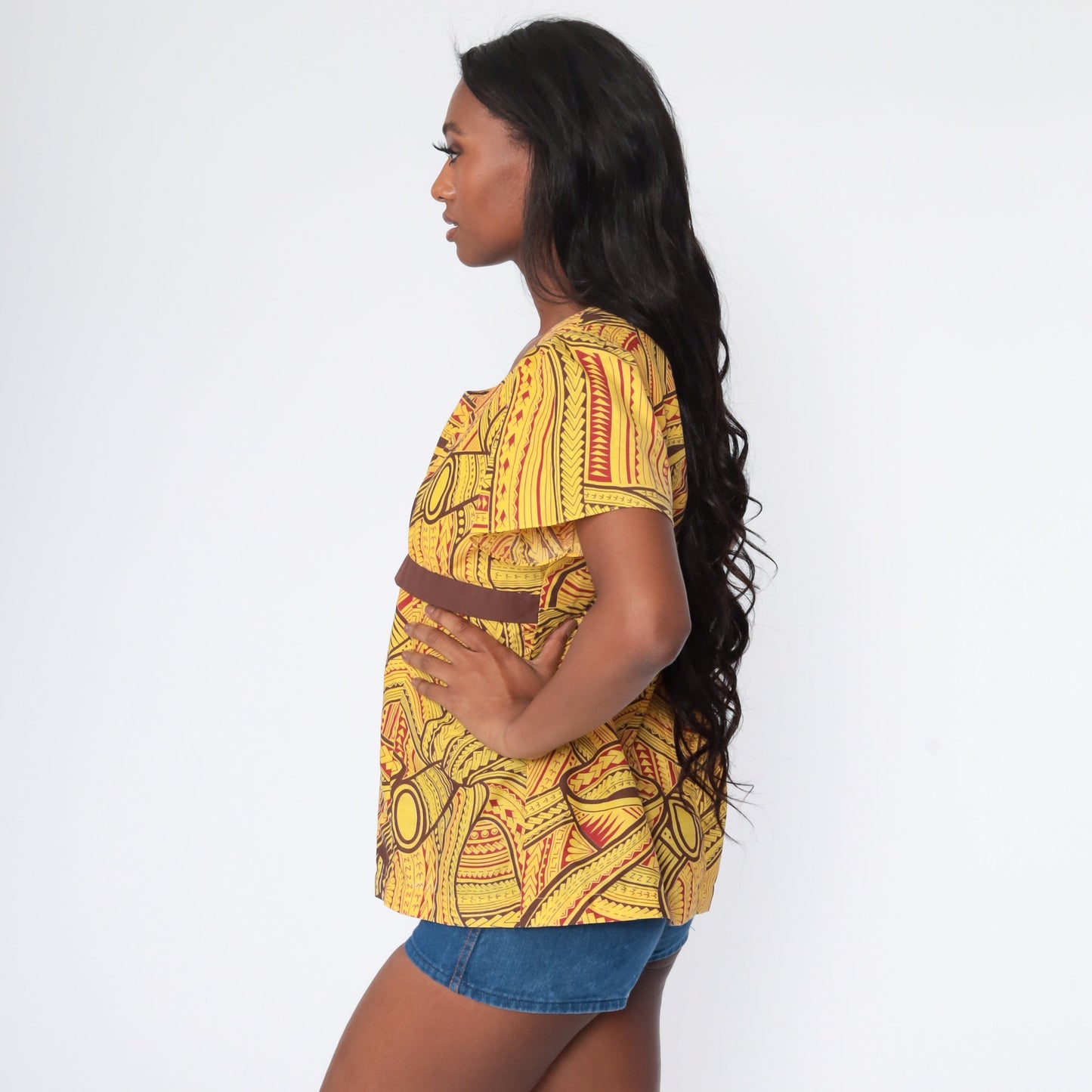 70s African Print Babydoll Top Yellow Puff Sleeve Empire Waist Medium