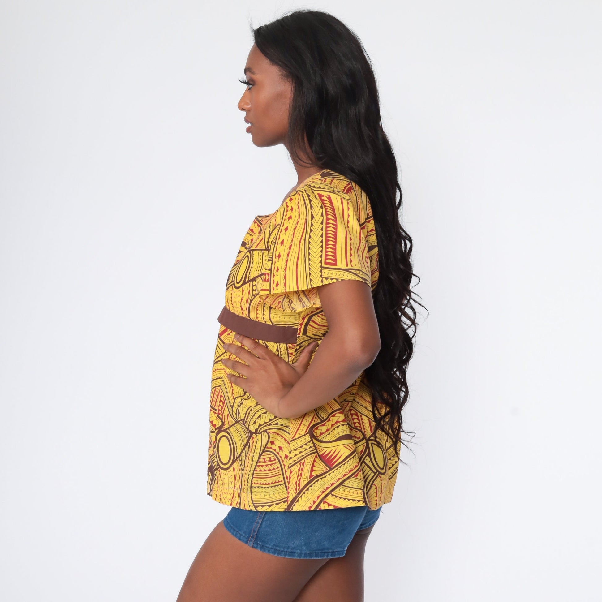 70s African Print Babydoll Top Yellow Puff Sleeve Empire Waist Medium