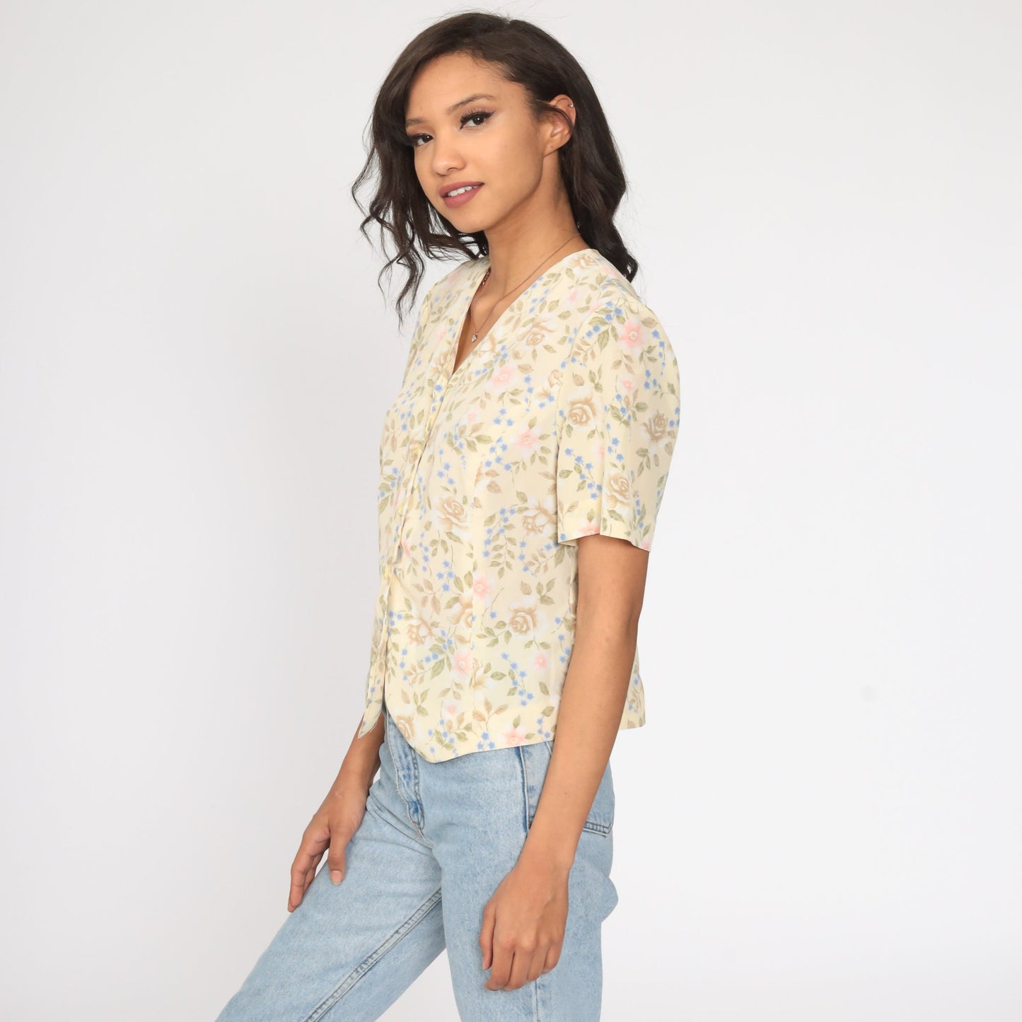 90s Yellow Floral Button-Up Shirt Short Sleeve Blouse Medium