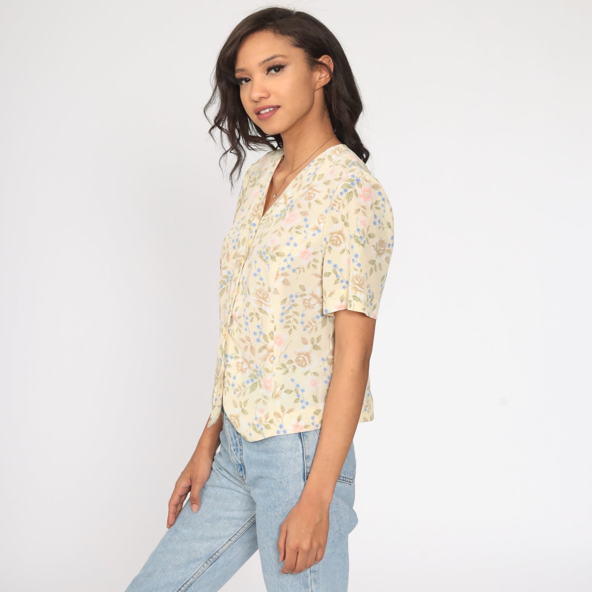 90s Yellow Floral Button-Up Shirt Short Sleeve Blouse Medium