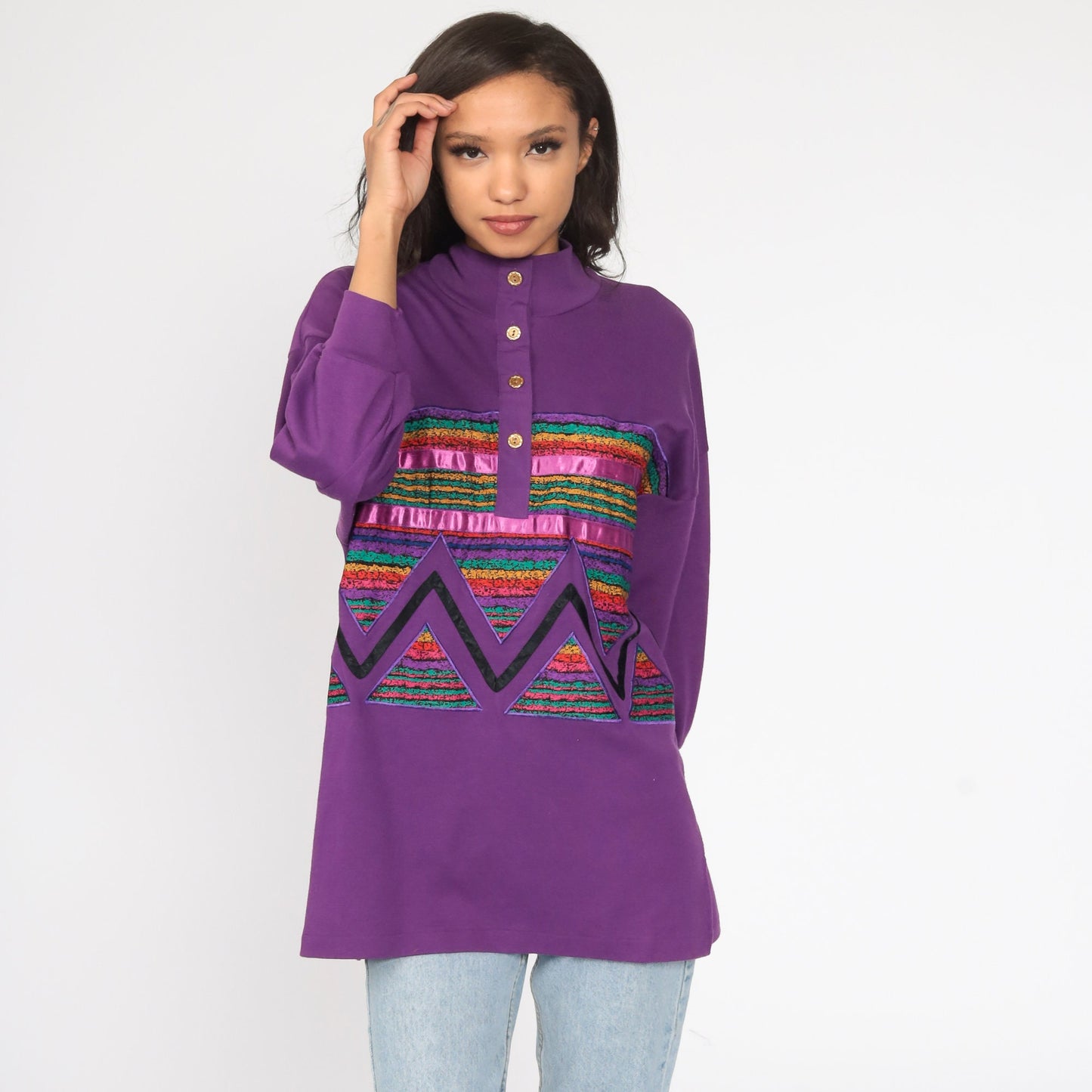 80s Purple Rainbow Striped Cotton Button-Up Blouse Mock Neck Medium