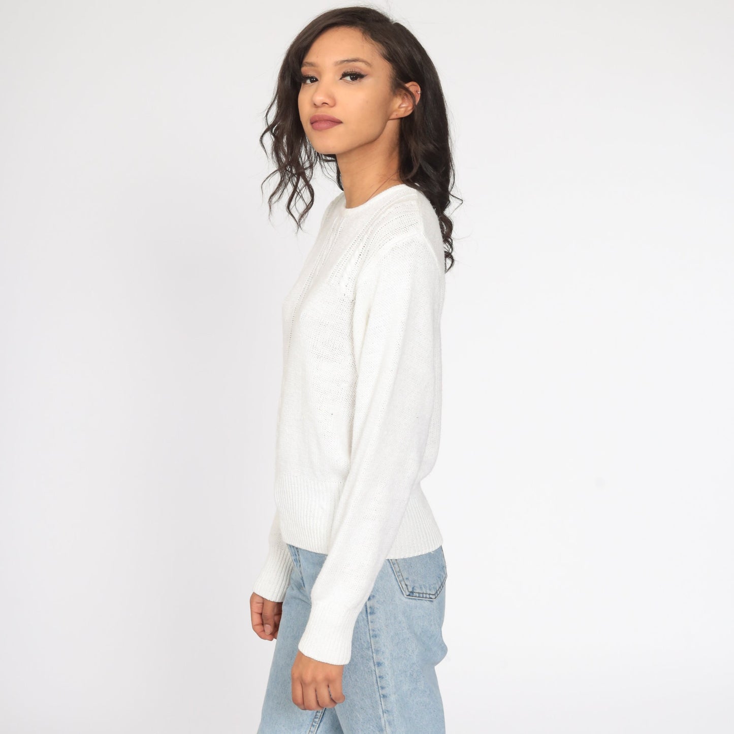 90s White Cable Knit Sweater Ramie Cotton Pullover Small