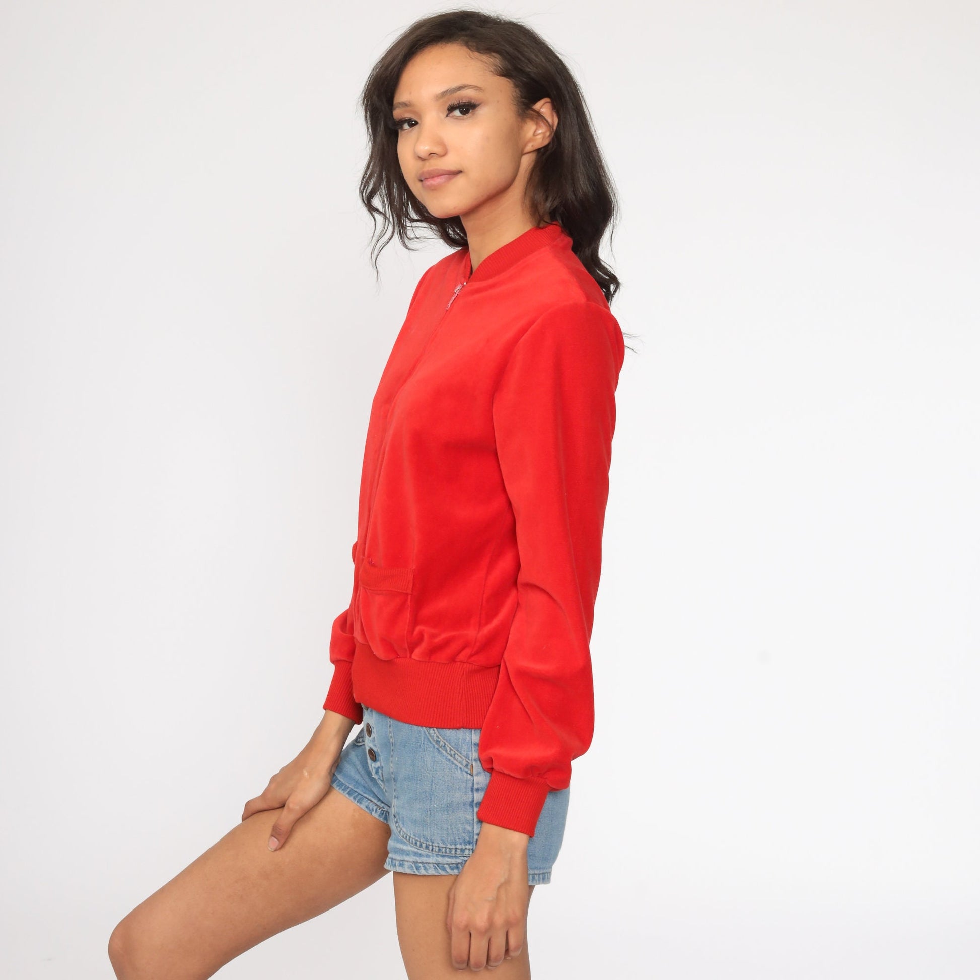 80s Red Velour Track Jacket Zip Up Sweatshirt Small