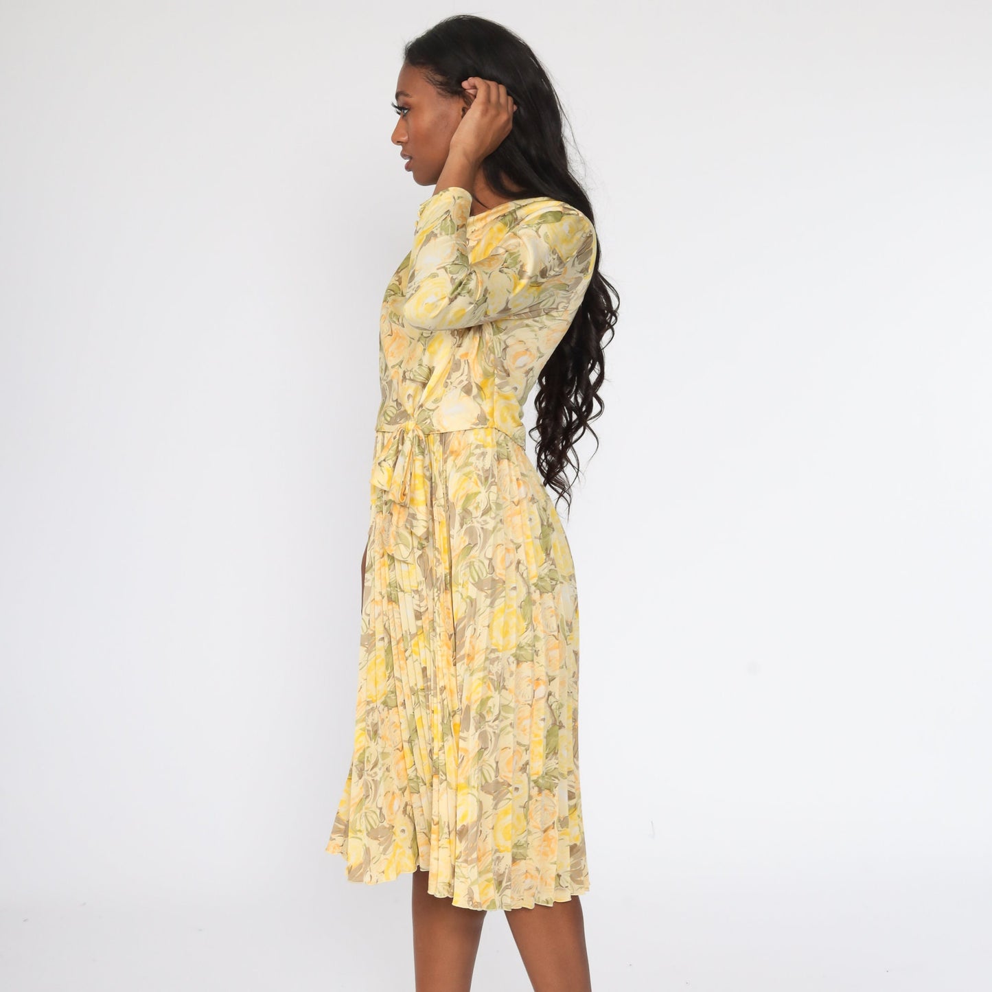00s Yellow Floral Midi Dress Cowl Neck Pleated Long Sleeve Small S
