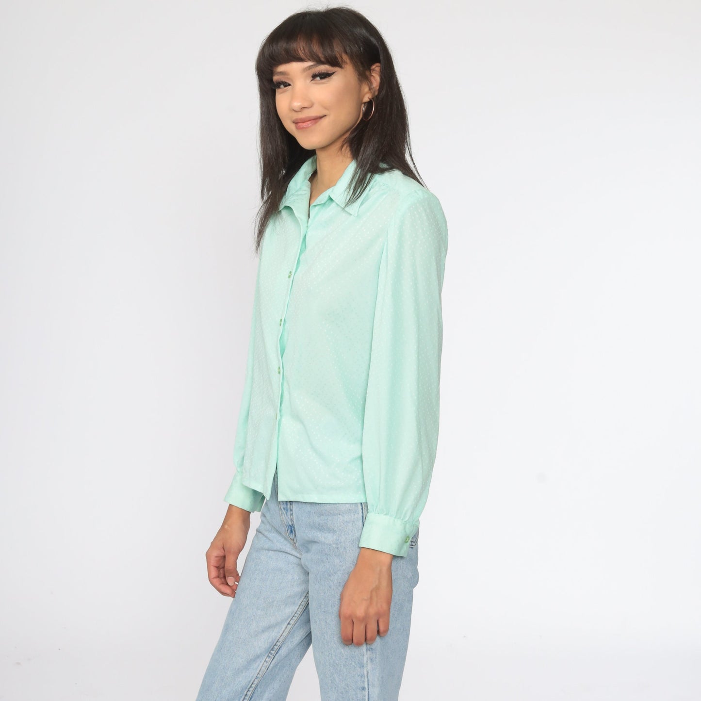 70s Mint Green Polka Dot Button-Up Blouse Long Sleeve Collar Medium