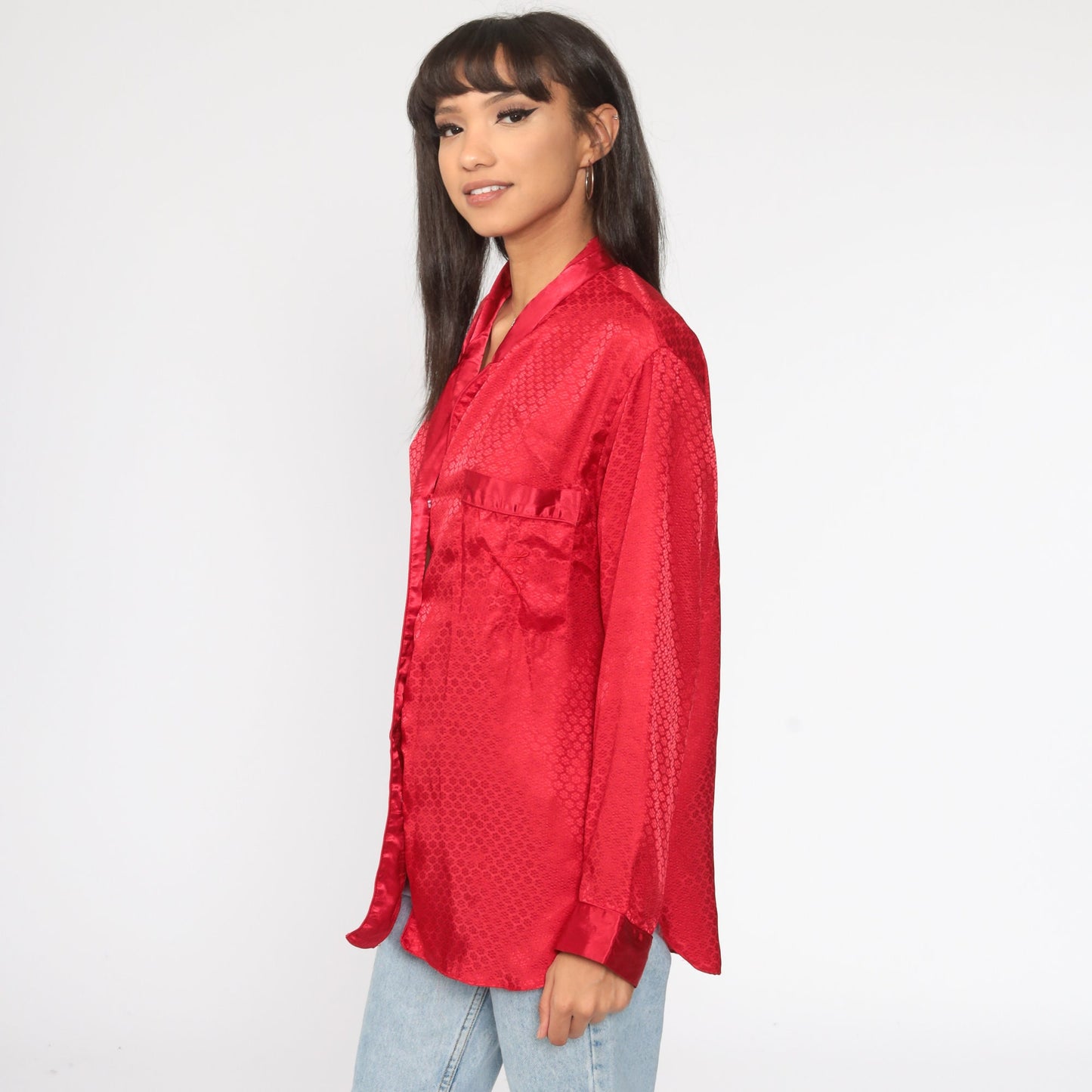 90s Victoria's Secret Red Satin Pajama Top Button-Up Medium