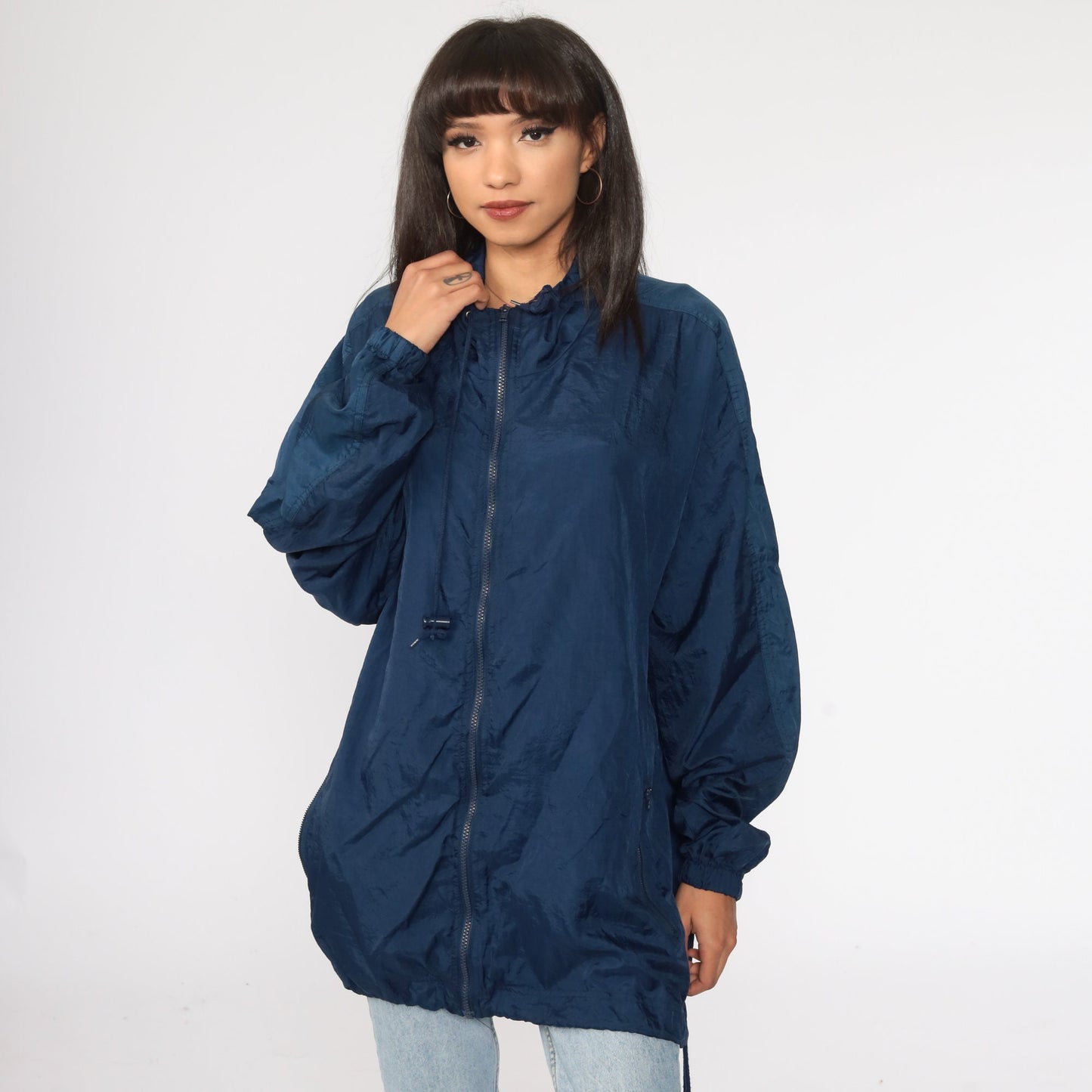 90s Navy Windbreaker Jacket Drawstring Neck Nylon Extra Large XL