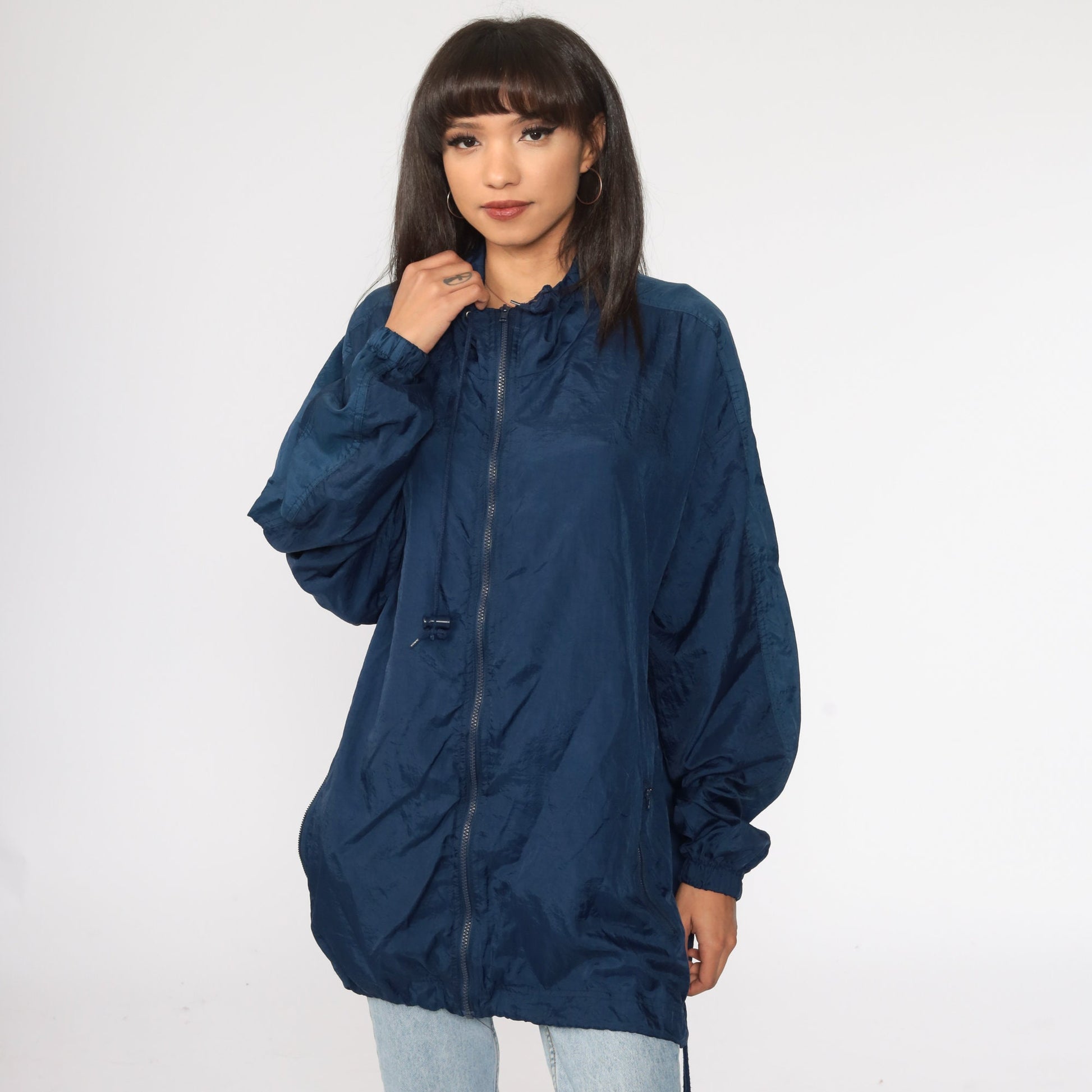90s Navy Windbreaker Jacket Drawstring Neck Nylon Extra Large XL