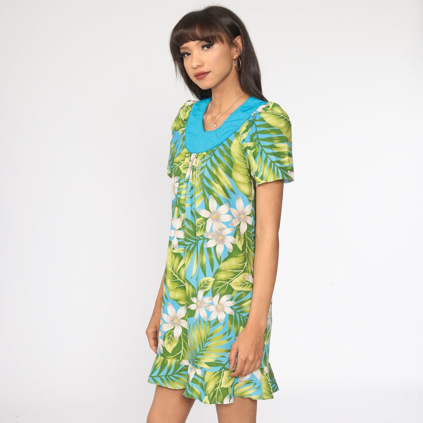 80s Floral Mini Dress Puff Sleeve Tent Cut Green Blue Extra Small