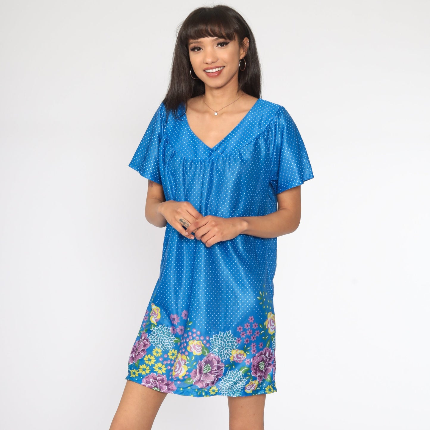 80s Floral Mini Dress Blue Polka Dot Tent Cut Plus Size 1X
