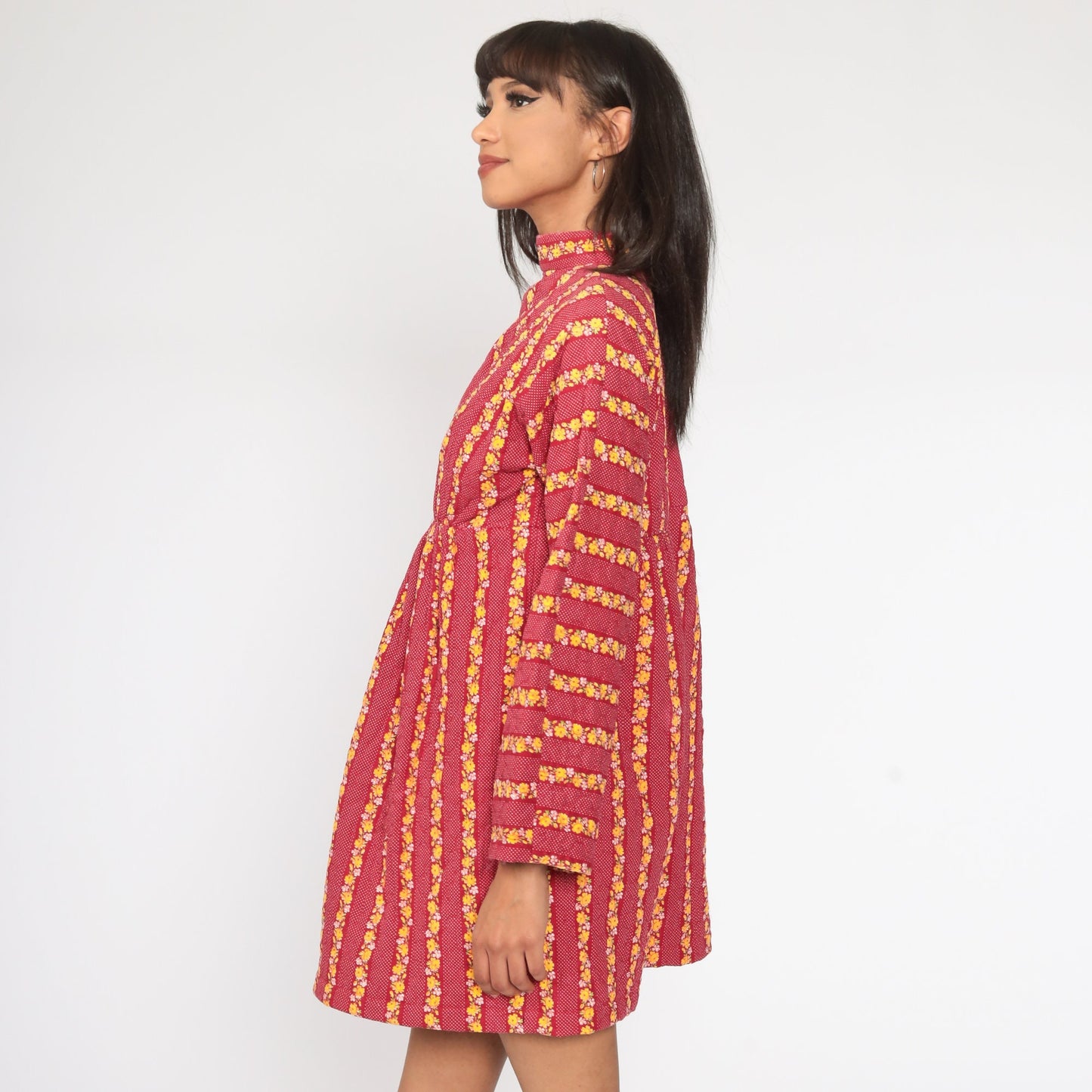 70s Quilted Floral Mini Dress Red Empire Waist Long Sleeve Small