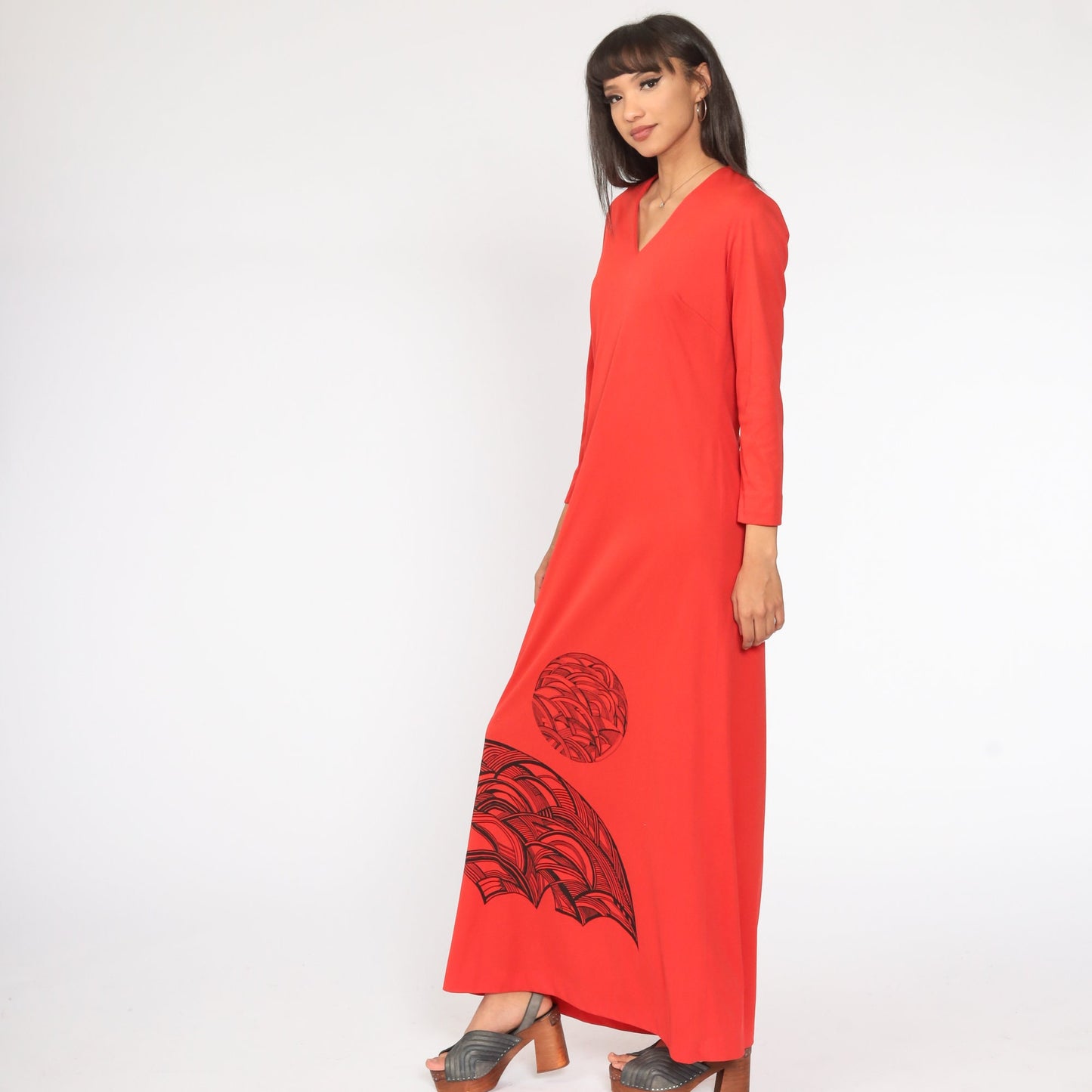 70s Red Abstract Graphic Maxi Dress Long Sleeve V Neck Medium