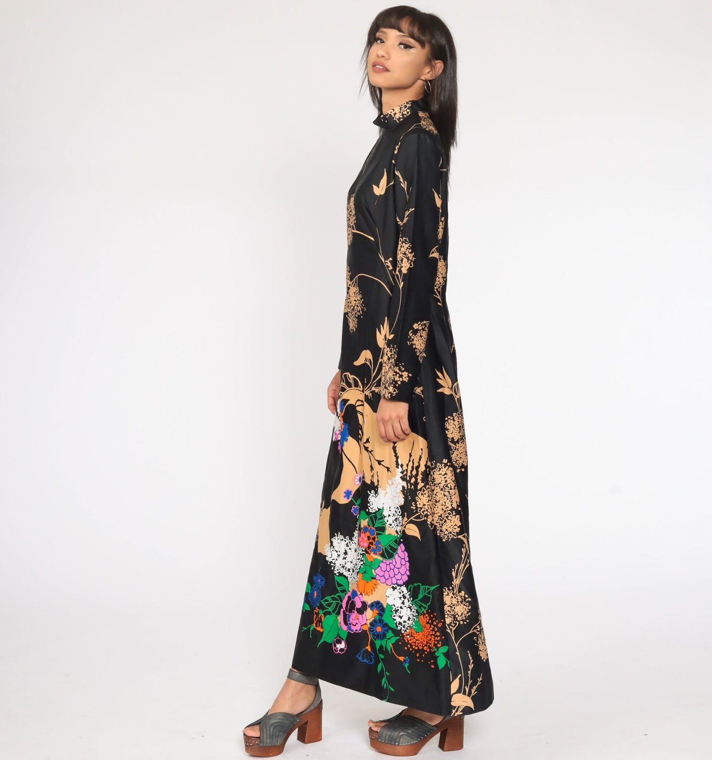 70s Tori Richard Hawaiian Floral Maxi Dress Black High Neck Long Sleeve Medium Large