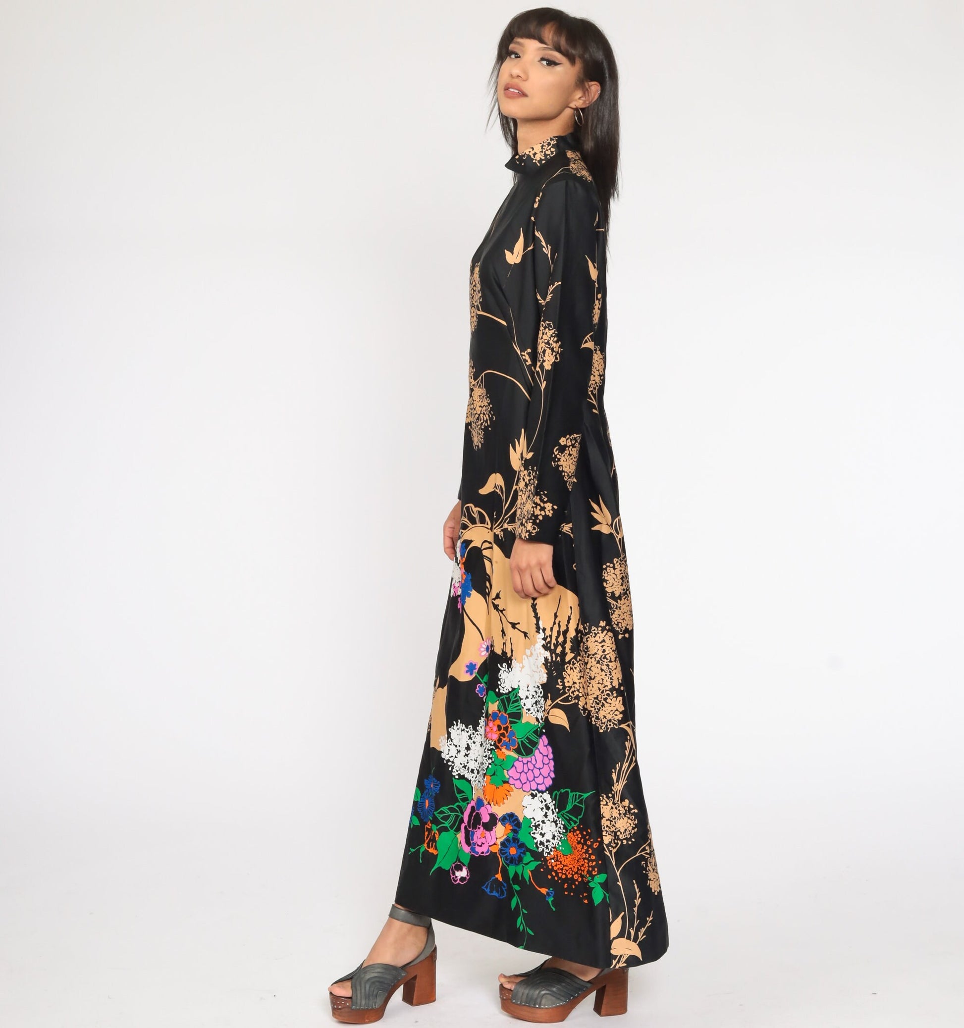 70s Tori Richard Hawaiian Floral Maxi Dress Black High Neck Long Sleeve Medium Large