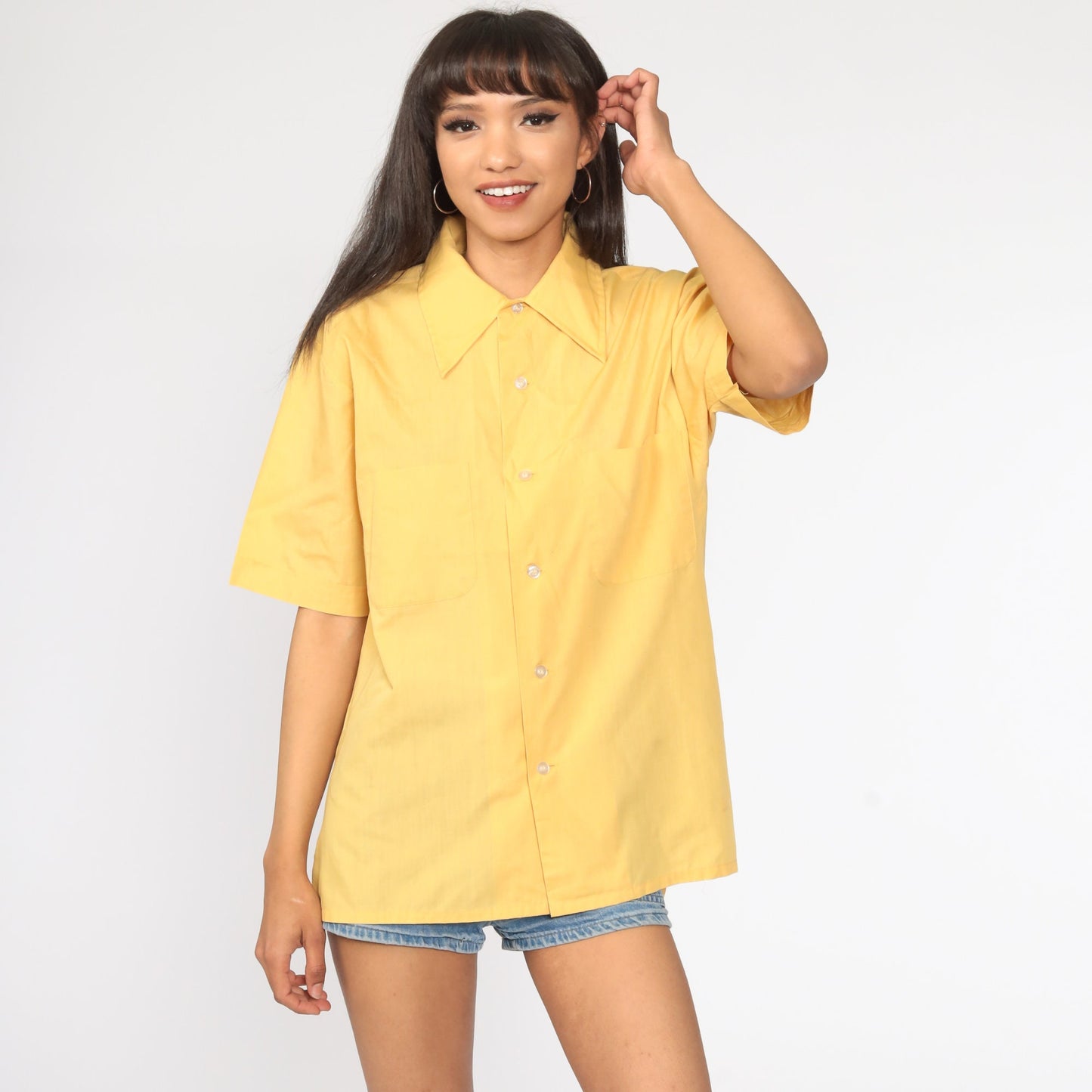 70s Yellow Button-Up Shirt Pointed Collar Short Sleeve Disco Blouse Large