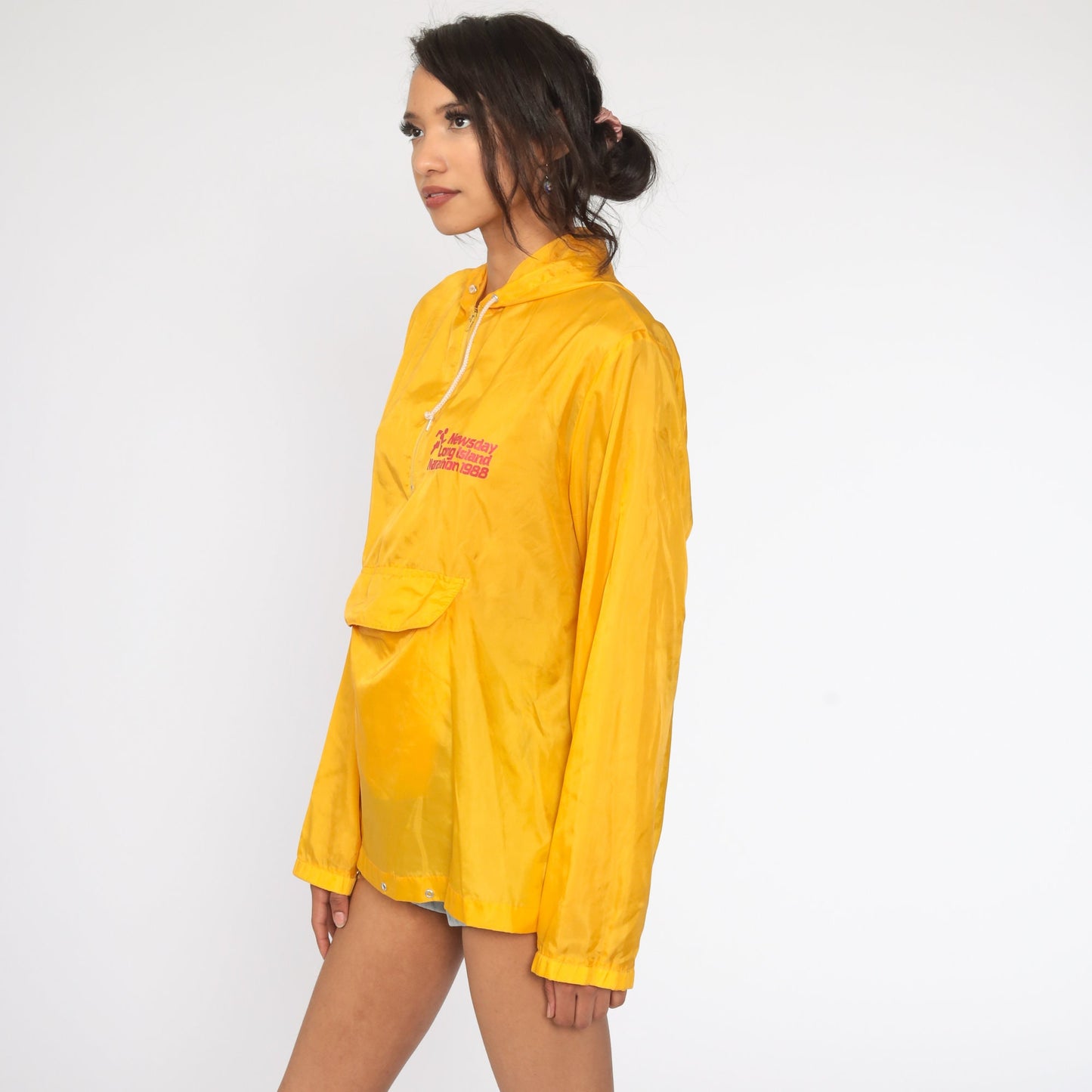 80s Long Island Marathon Yellow Half Zip Hooded Jacket Windbreaker Small Medium