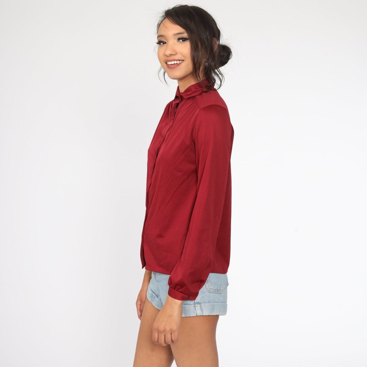 70s Burgundy Button-Up Shirt Long Sleeve Collared Blouse Small