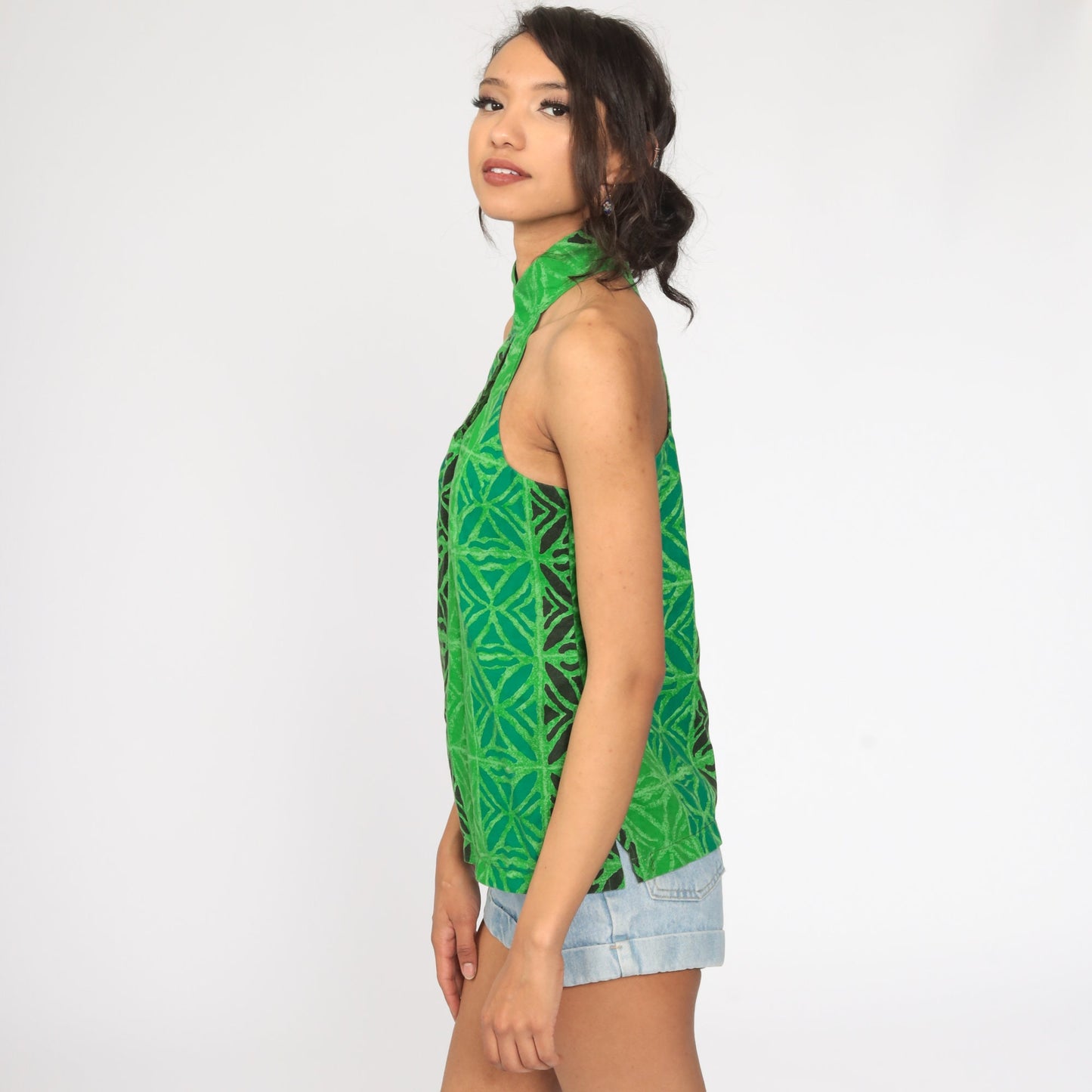 90s Tribal Print Tank Top Green Keyhole Choker Cotton Small