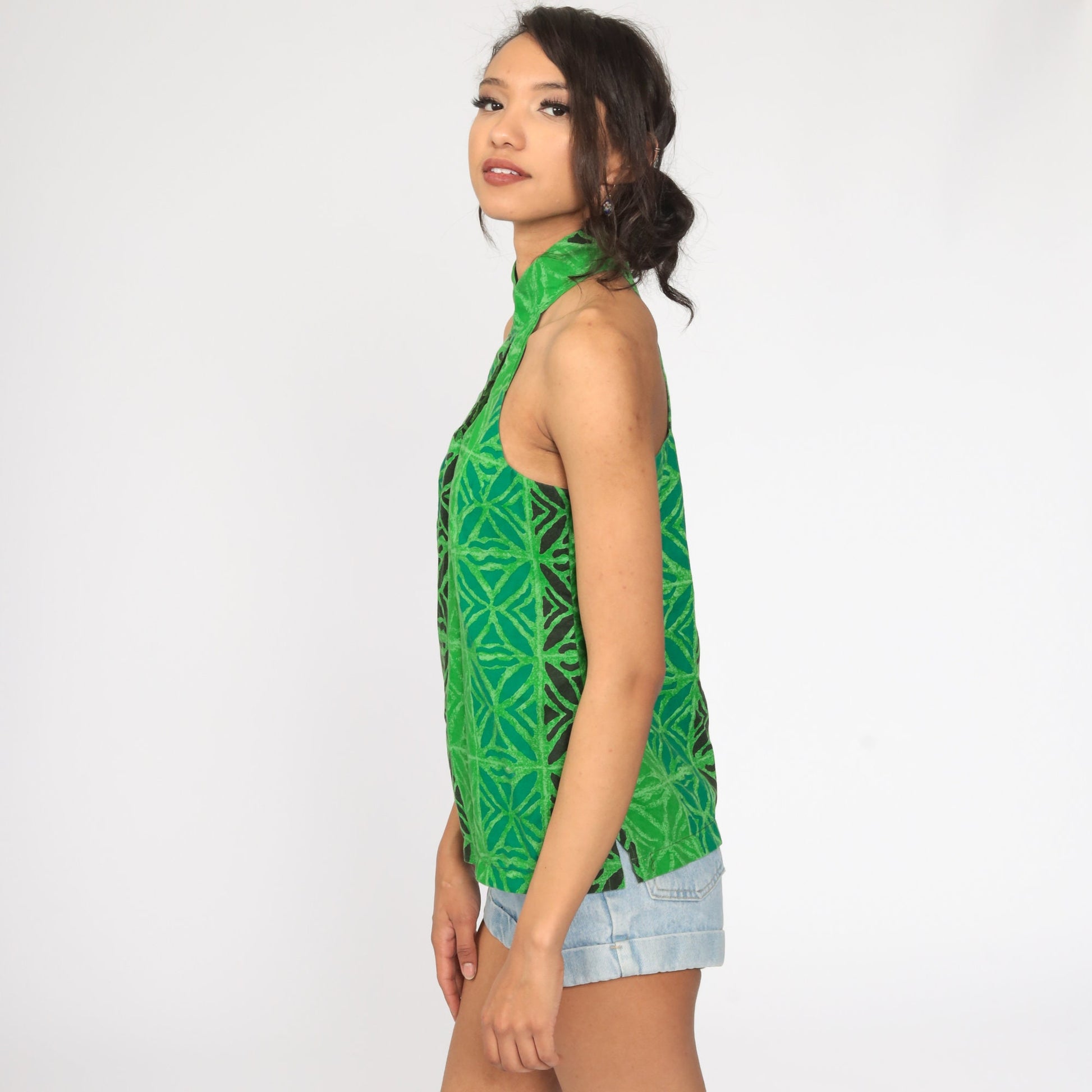 90s Tribal Print Tank Top Green Keyhole Choker Cotton Small
