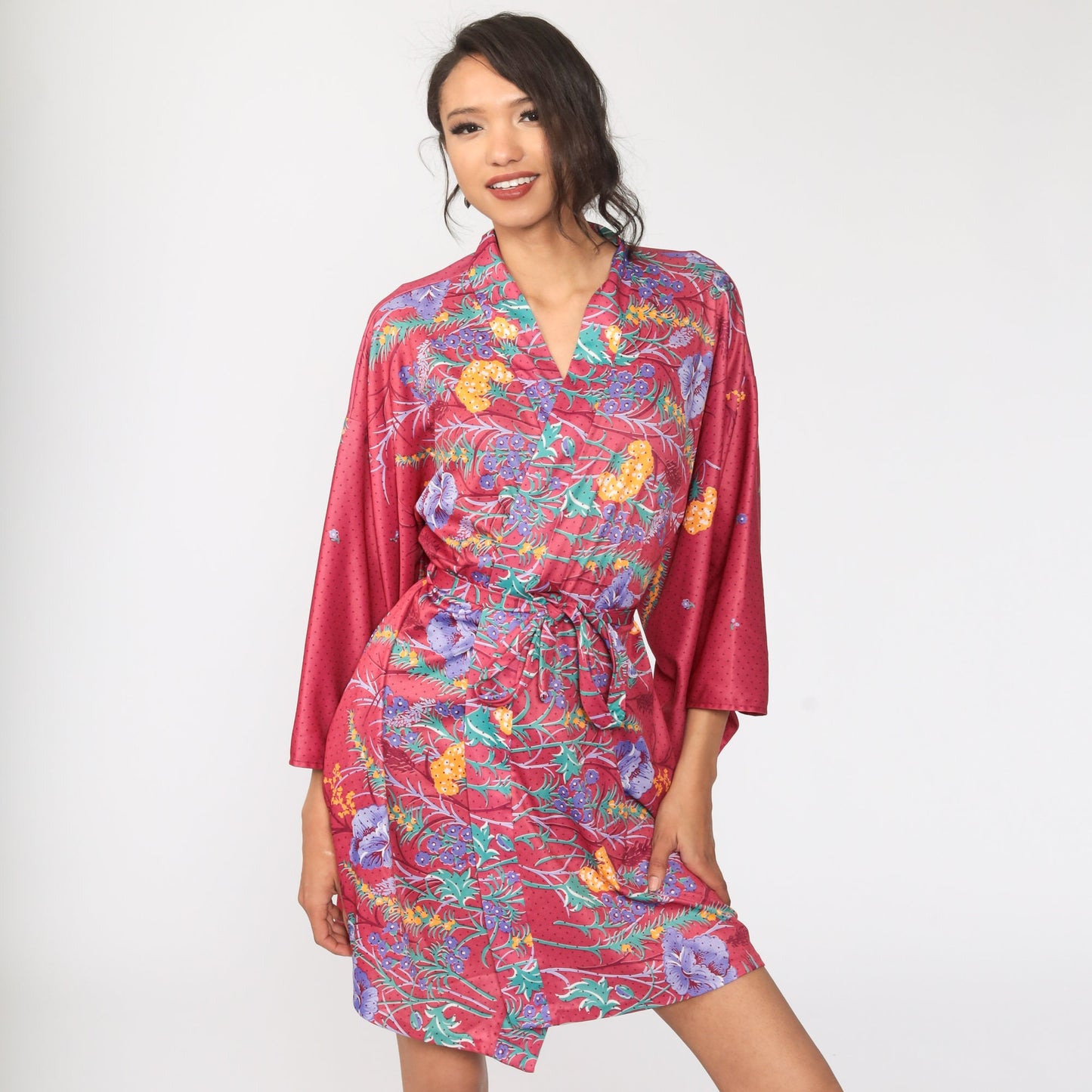 70s Floral Kimono Robe Wrap Dressing Gown Tropical Print Medium Large