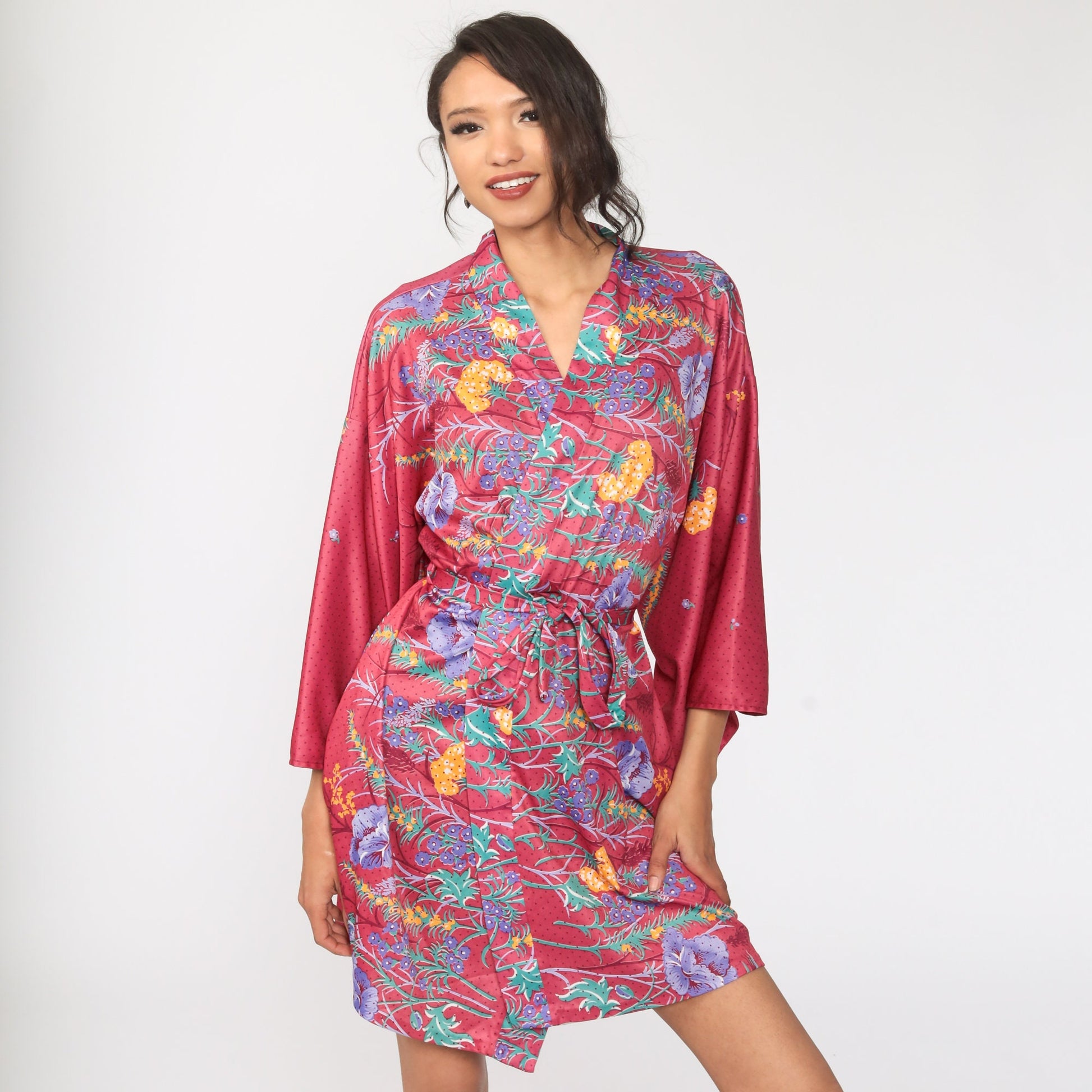 70s Floral Kimono Robe Wrap Dressing Gown Tropical Print Medium Large