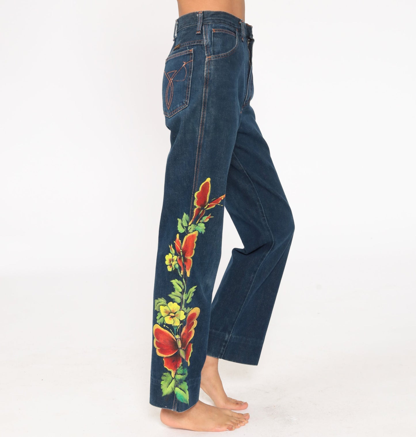 70s Wrangler Painted Butterfly Floral High Waist Straight Leg Jeans Blue 26