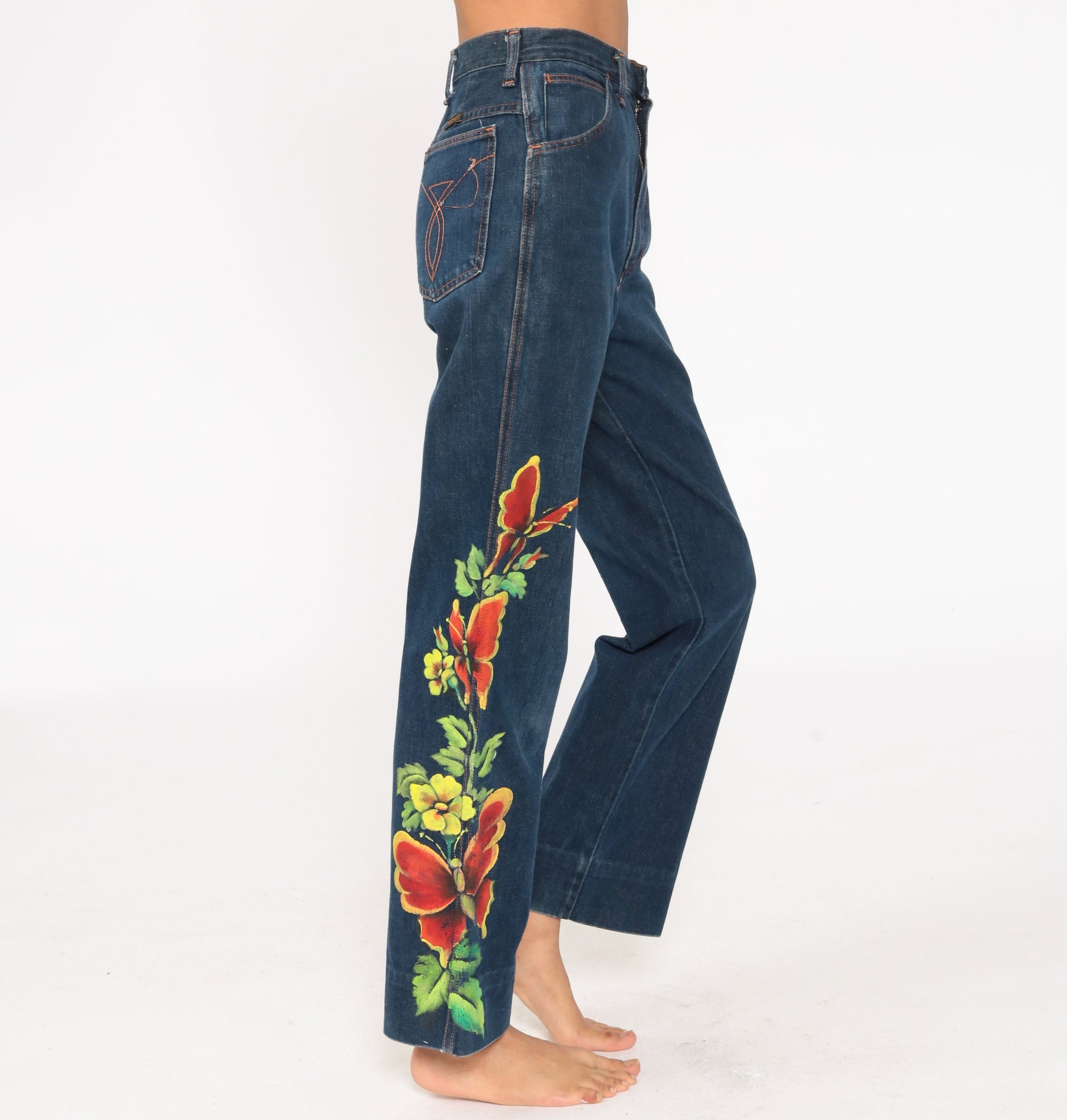 70s Wrangler Painted Butterfly Floral High Waist Straight Leg Jeans Blue 26
