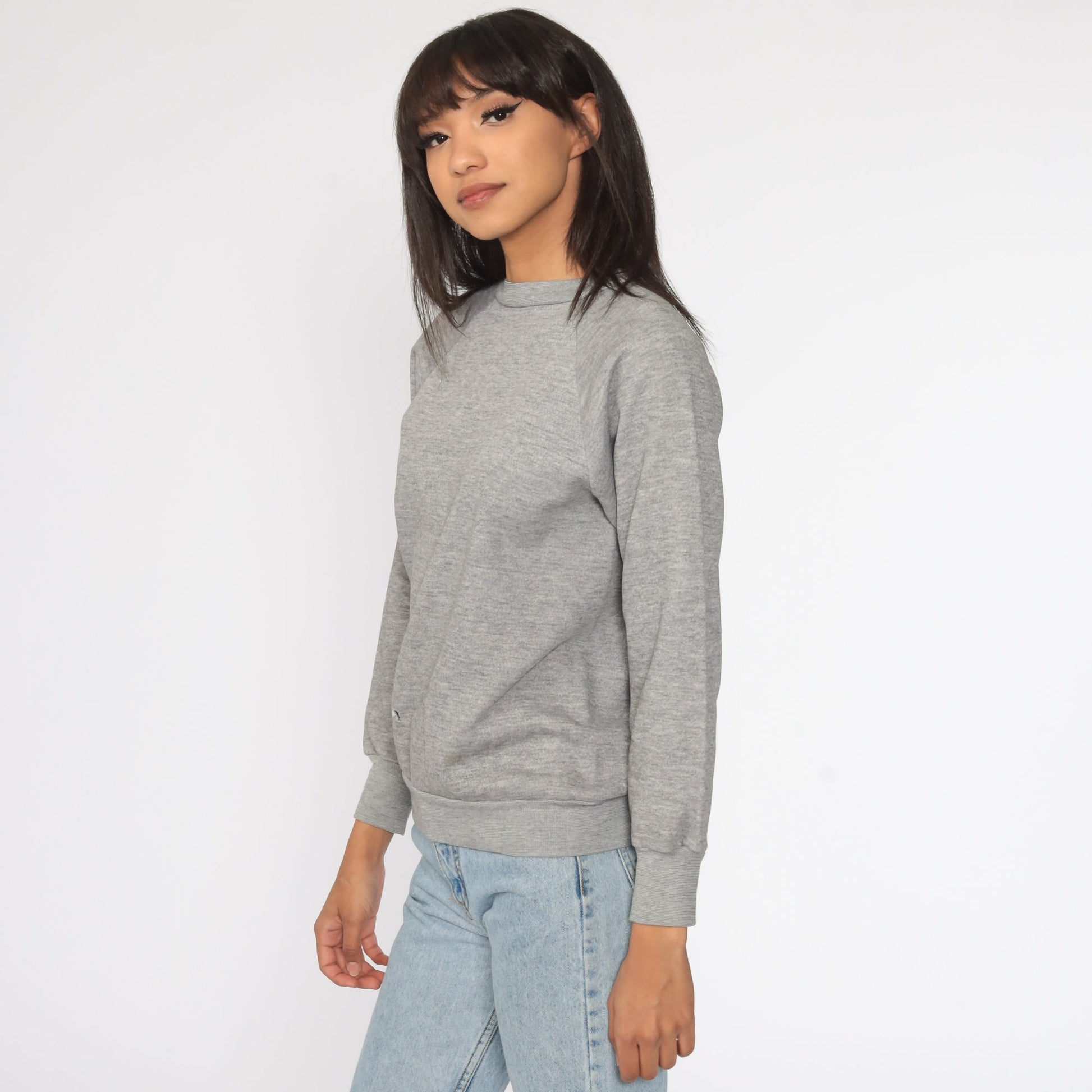 80s Grey Raglan Sweatshirt Crewneck Plain Pullover Small
