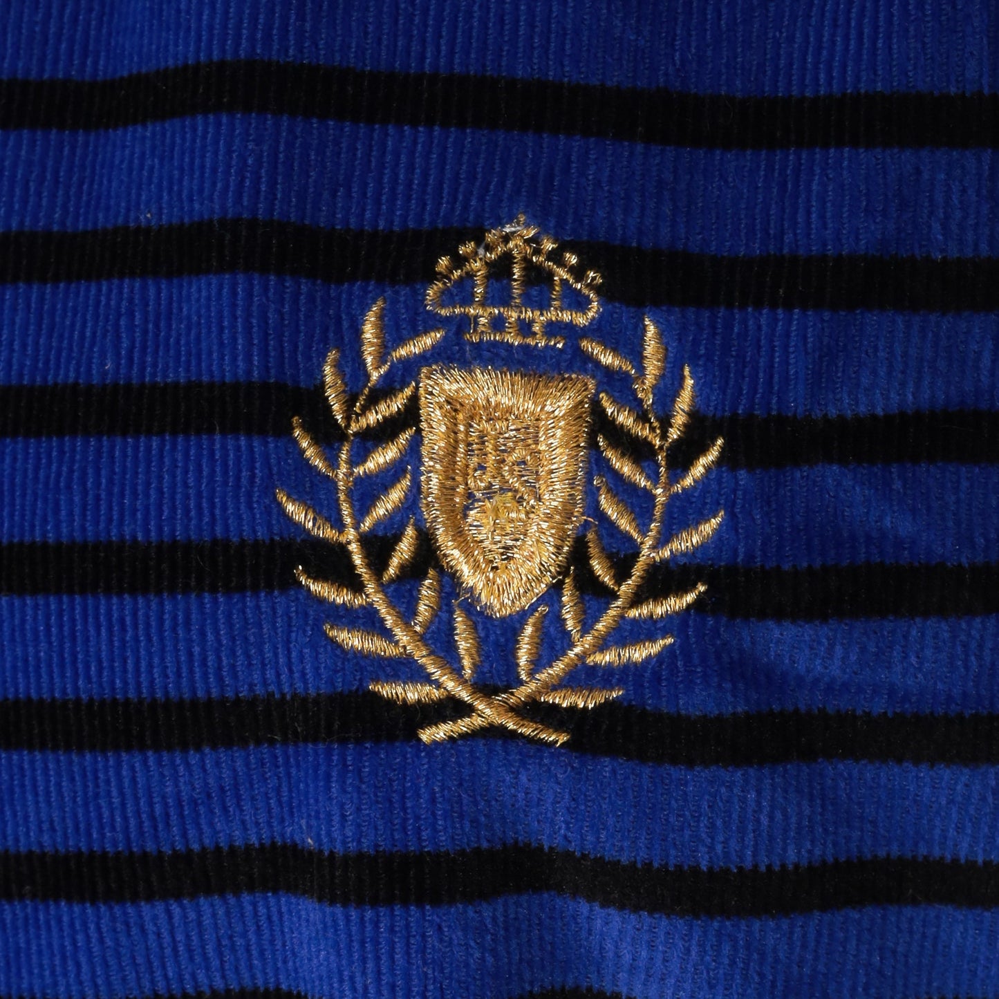 80s Striped Velour Pullover Blue Gold Crest Long Sleeve Small