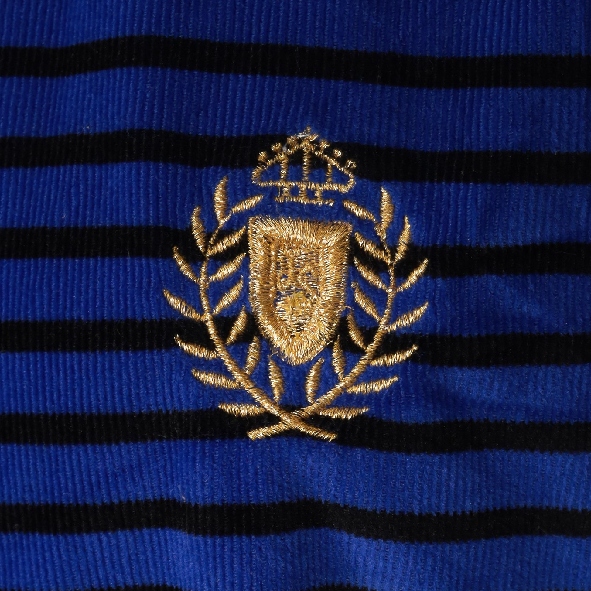 80s Striped Velour Pullover Blue Gold Crest Long Sleeve Small