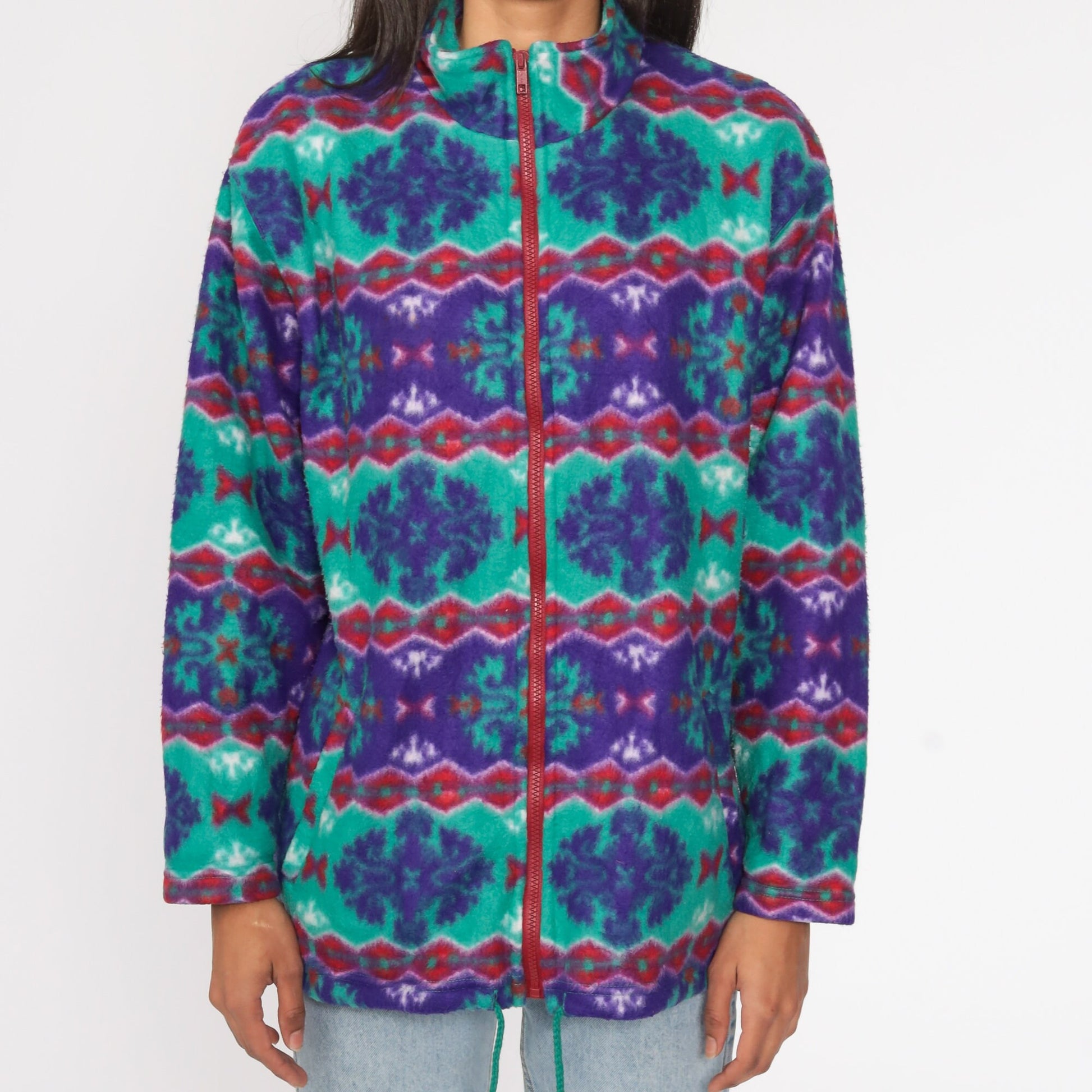 90s Geometric Fleece Jacket Zip Up Green Purple Large L
