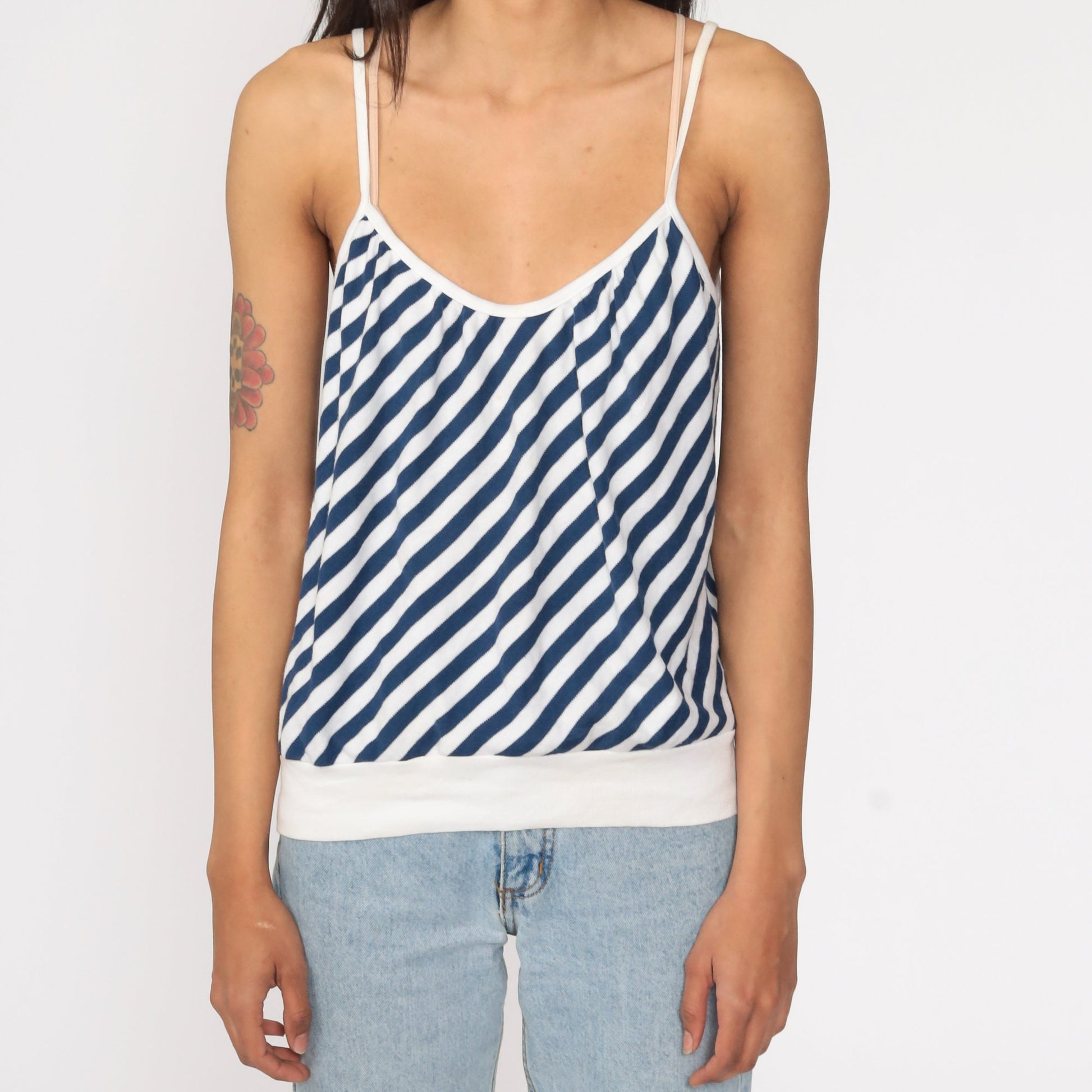 80s Striped Spaghetti Strap Tank Top Blue White Slouchy Medium