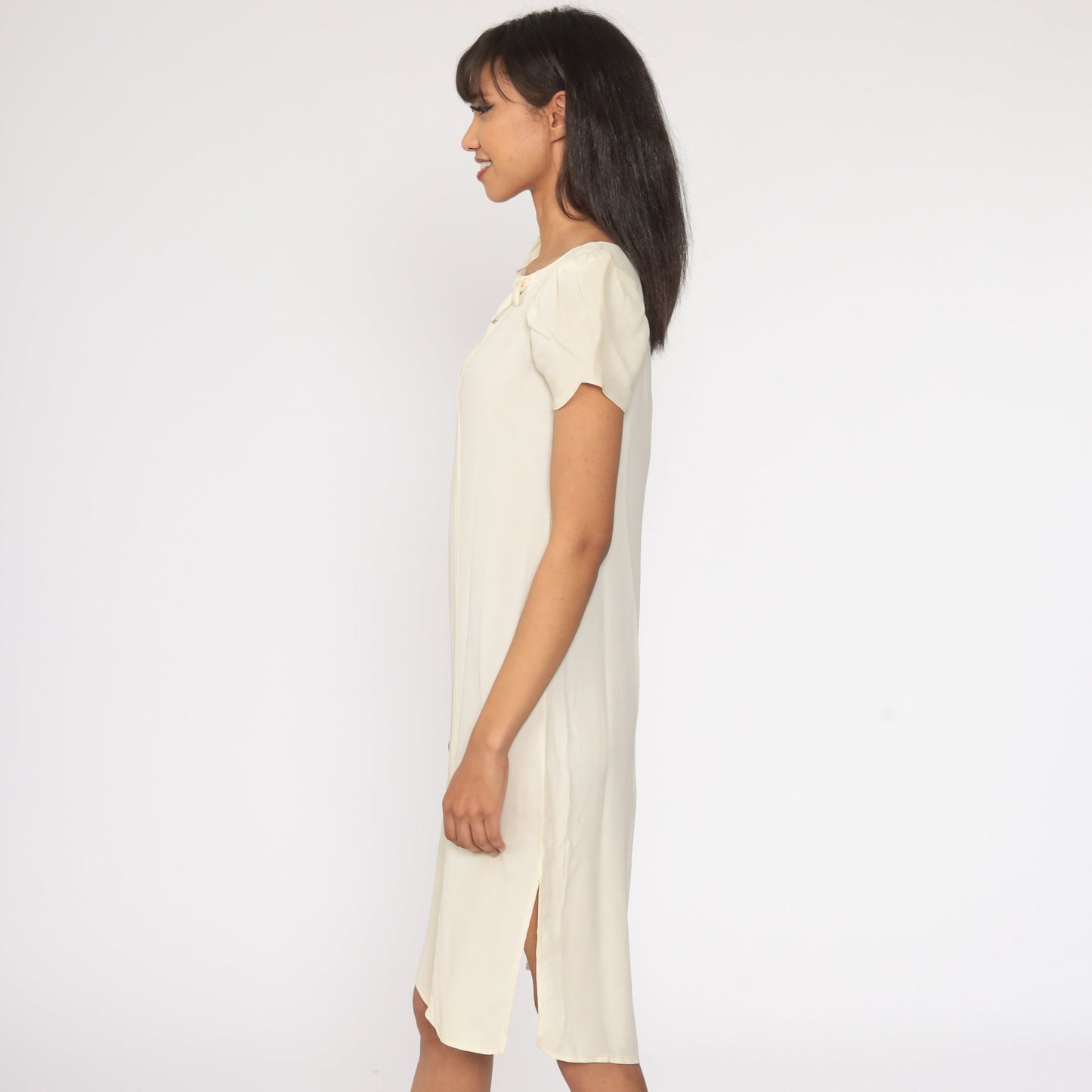 70s Cream Mini Shift Dress Puff Sleeve Cutout Bow Extra Small XS