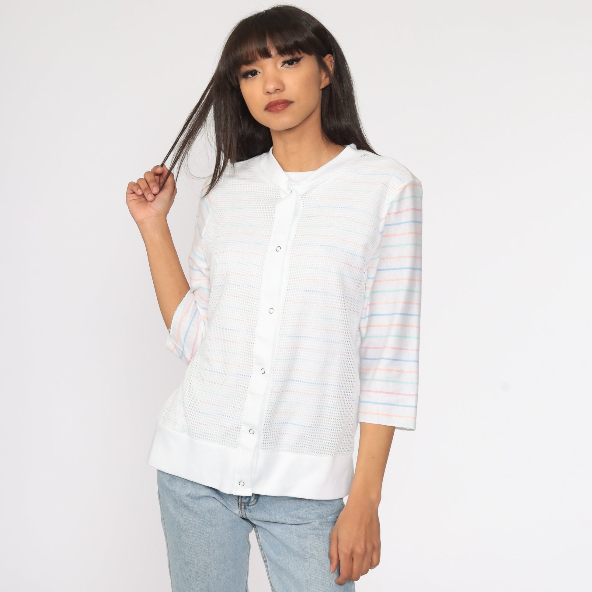 80s White Striped Mesh 3/4 Sleeve Shirt Medium