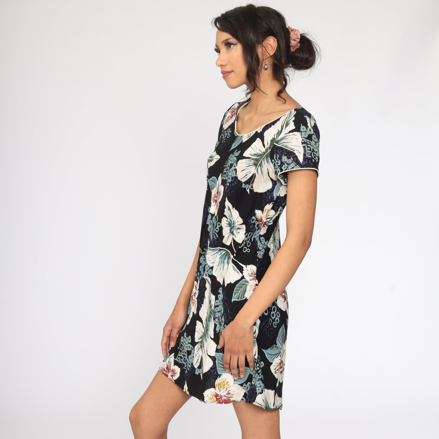 90s Floral Mini Dress Black Tropical Flower Print Shift Sundress Small